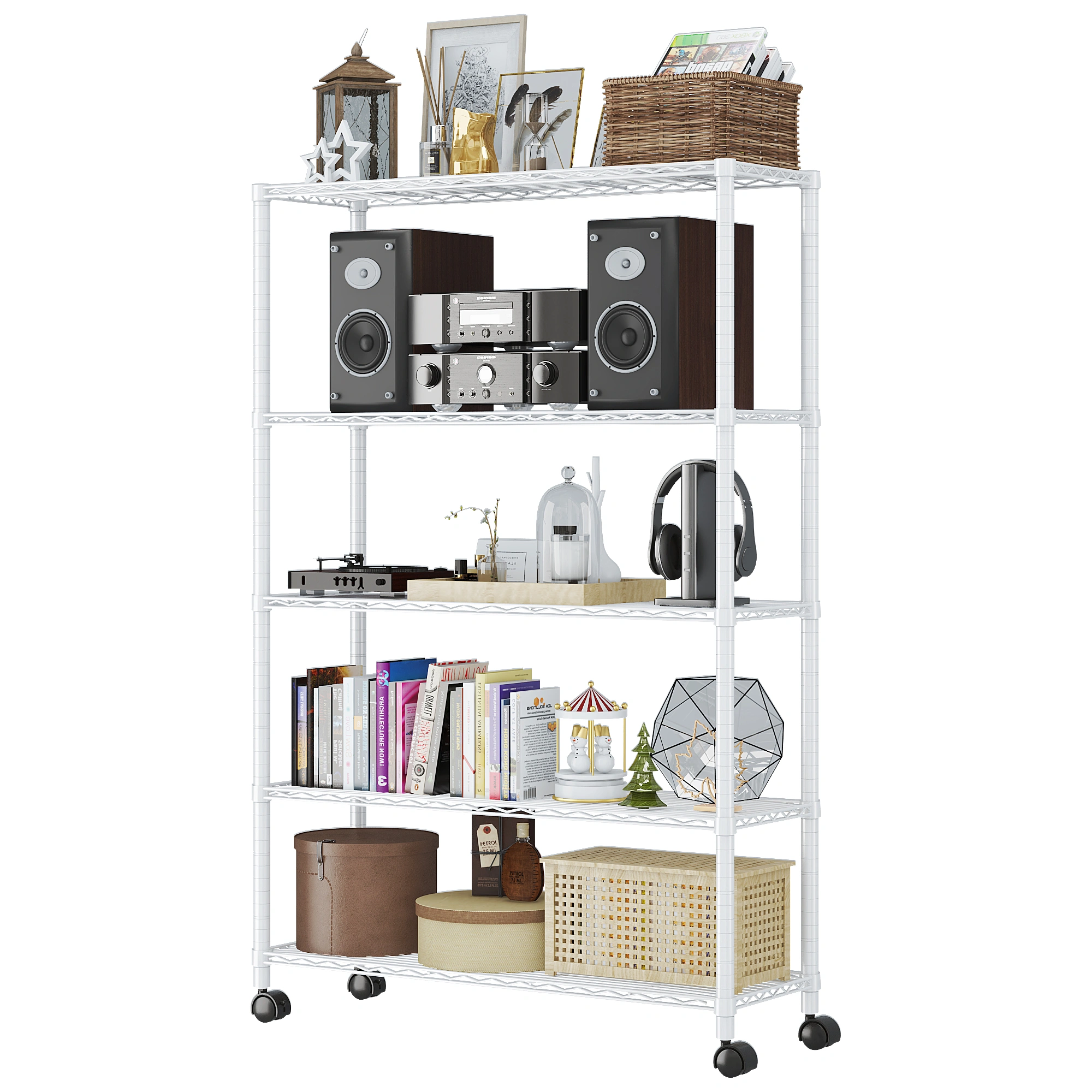 5-Layer Adjustable Shelf Iron Shelving Unit with 1.5" Nylon Wheels for Home Use 35.43*13.78*64.96in White view 4