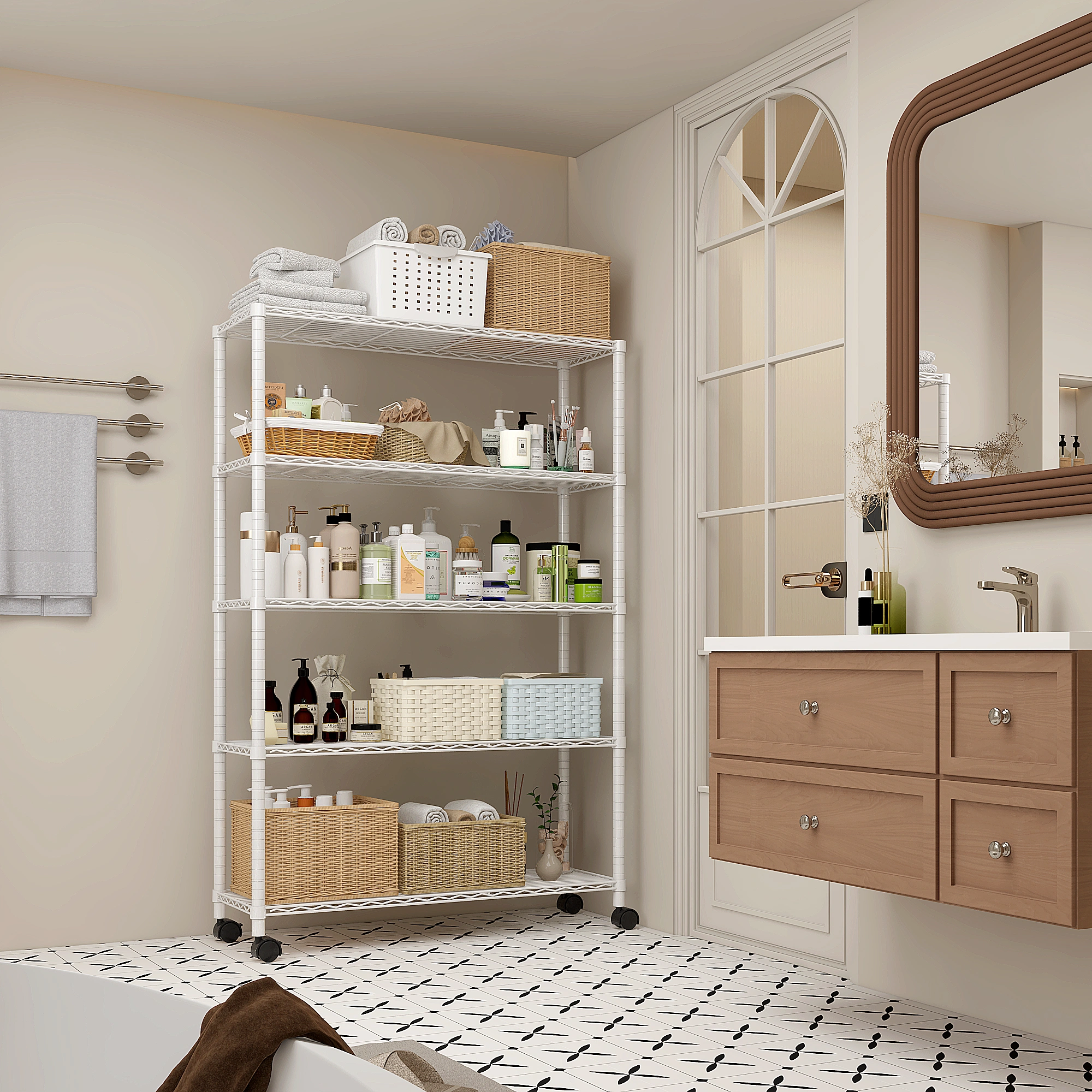 5-Layer Adjustable Shelf Iron Shelving Unit with 1.5" Nylon Wheels for Home Use 35.43*13.78*64.96in White view 5