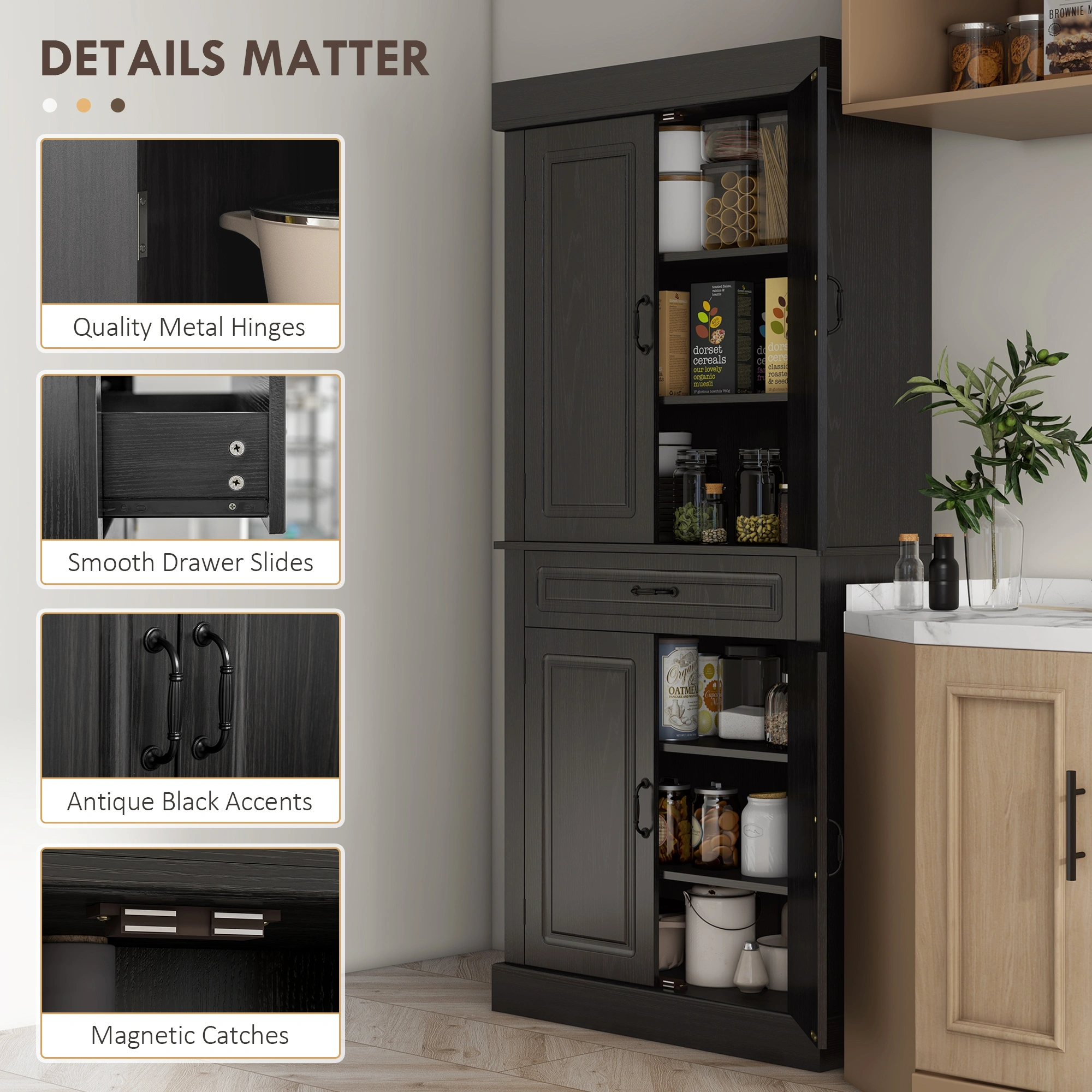 Compact Kitchen Storage Cabinet - Freestanding Pantry Cupboard with Doors, Adjustable Shelves for Cookware, Dishes & Food Storage Organizer