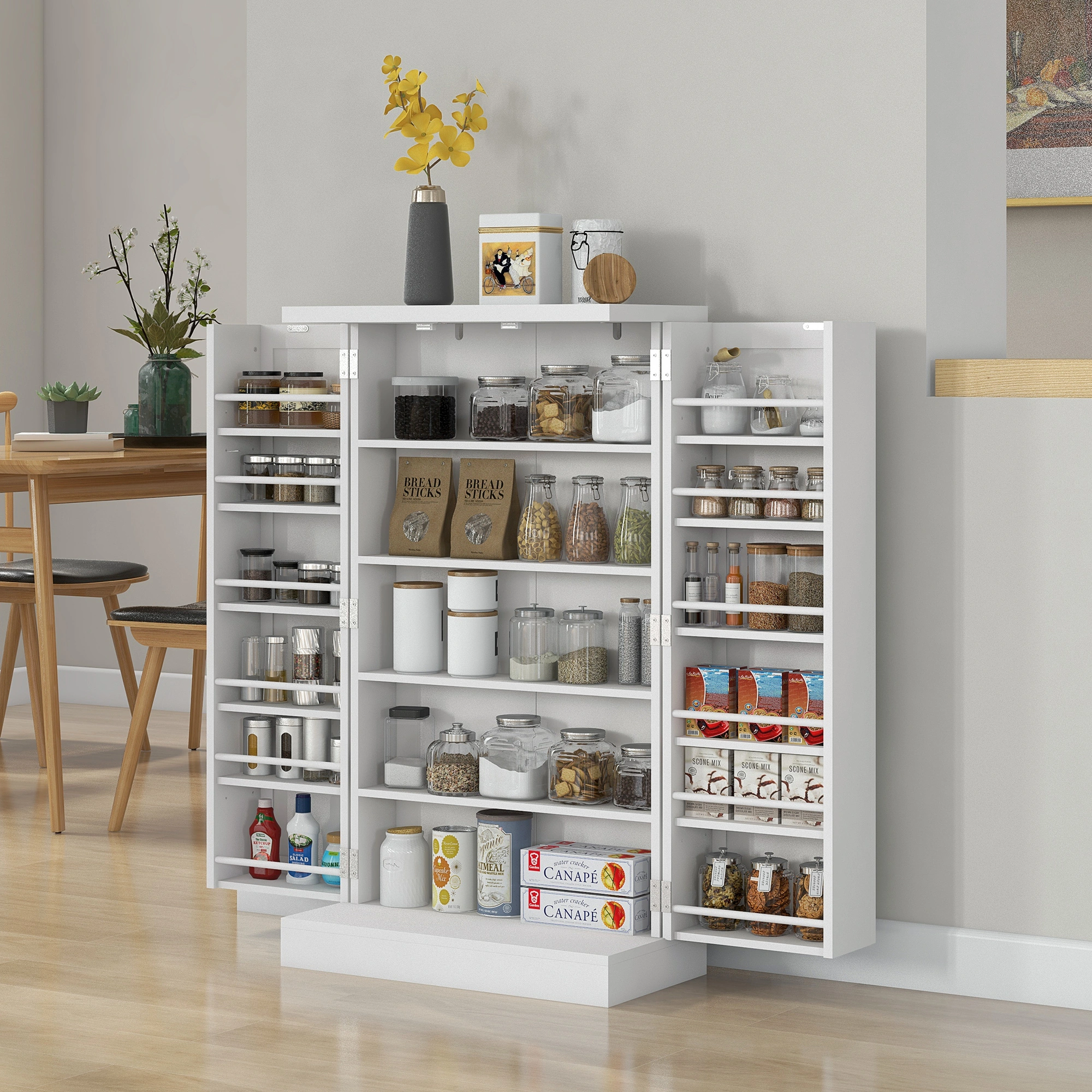 Kitchen Storage Cabinet with Adjustable Shelves, Freestanding Pantry Cupboard for Dining Room Organization view 2