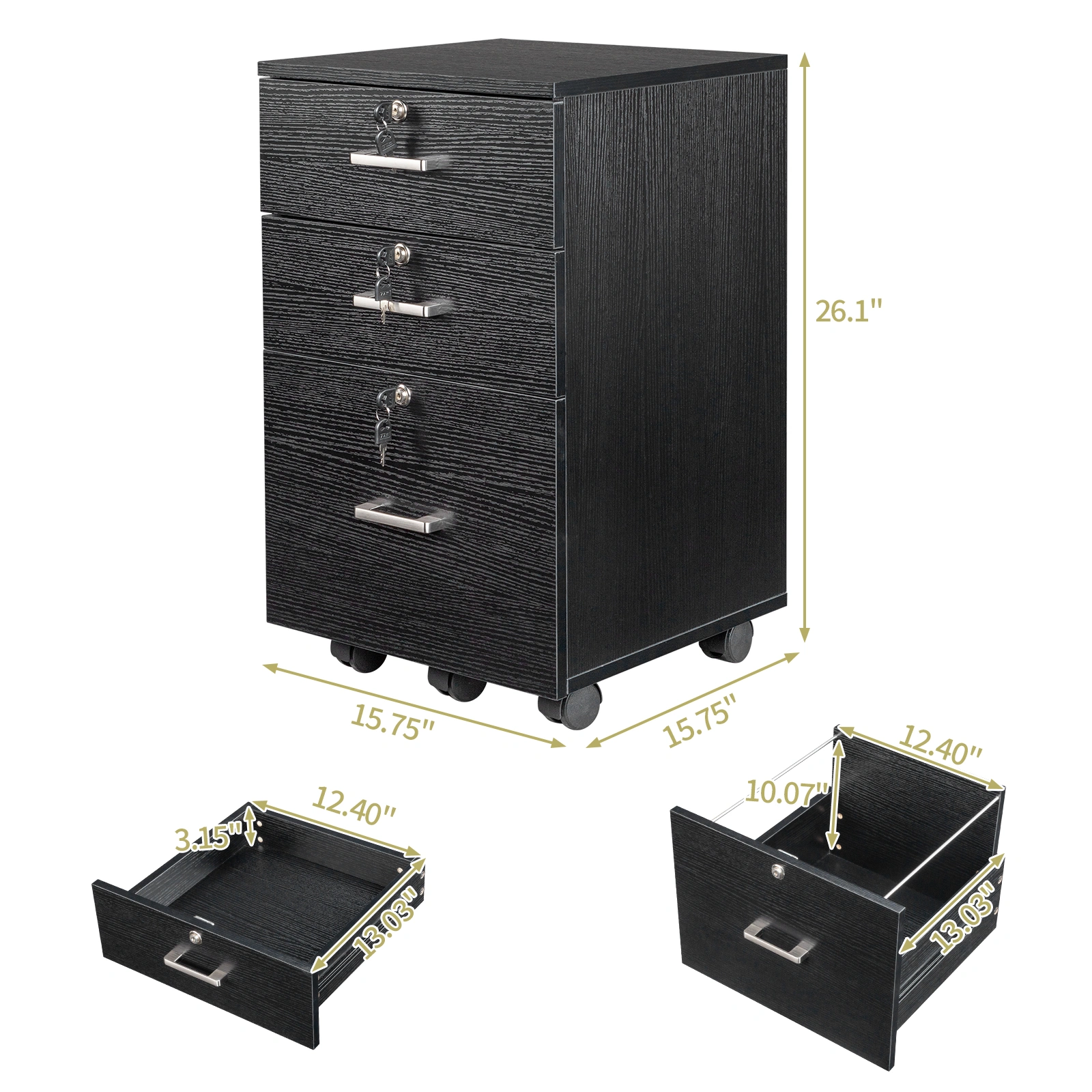 FCH 3-Drawer Filing Cabinet with Wood Grain Finish, Black MDF Office Storage Cabinet with Lock, 3 Tier File Organizer for Home Office view 11