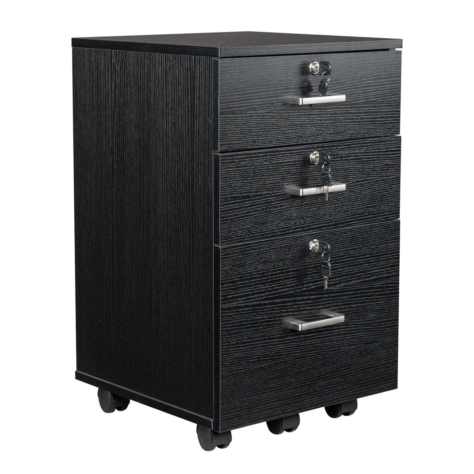 FCH 3-Drawer Filing Cabinet with Wood Grain Finish, Black MDF Office Storage Cabinet with Lock, 3 Tier File Organizer for Home Office view 2