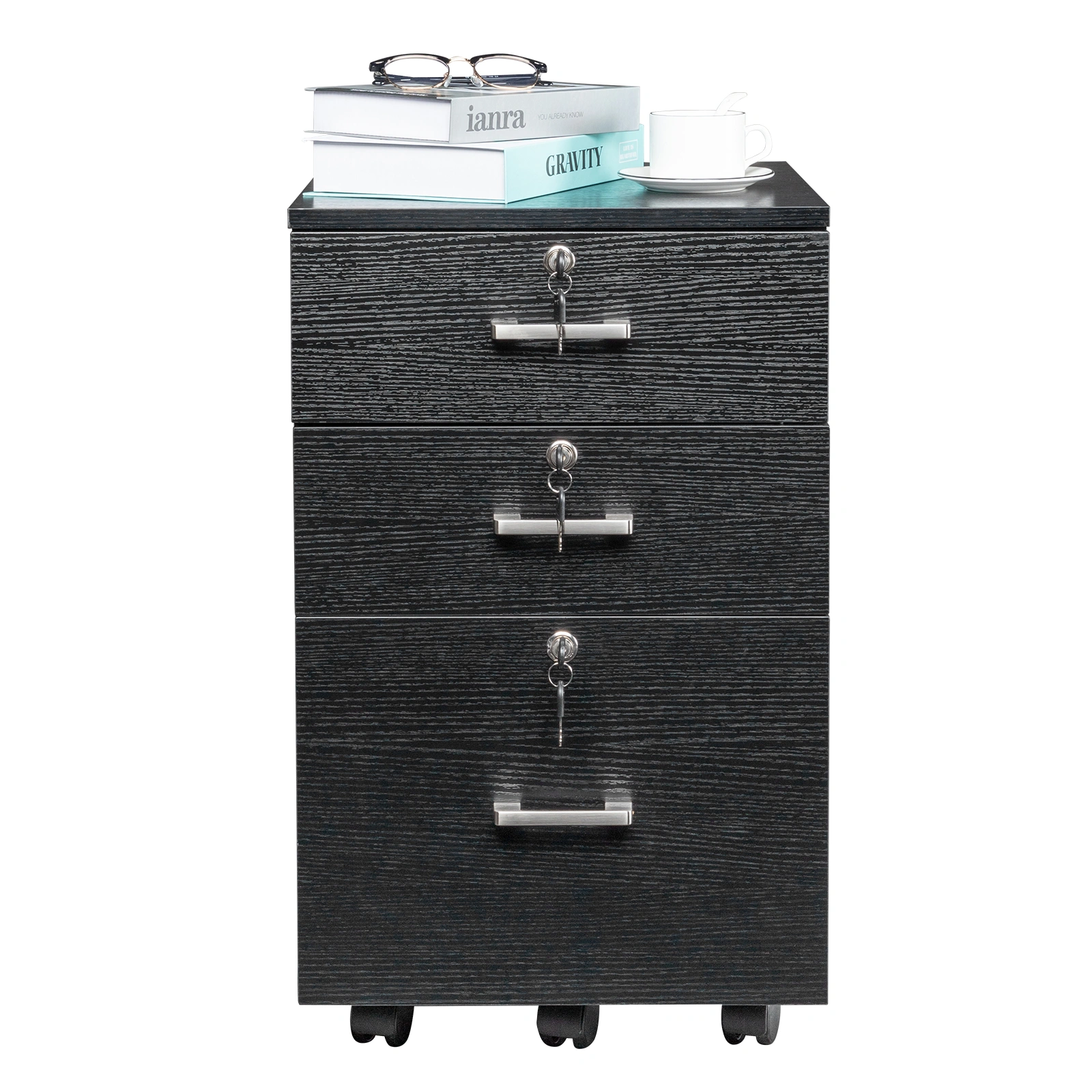FCH 3-Drawer Filing Cabinet with Wood Grain Finish, Black MDF Office Storage Cabinet with Lock, 3 Tier File Organizer for Home Office view 5