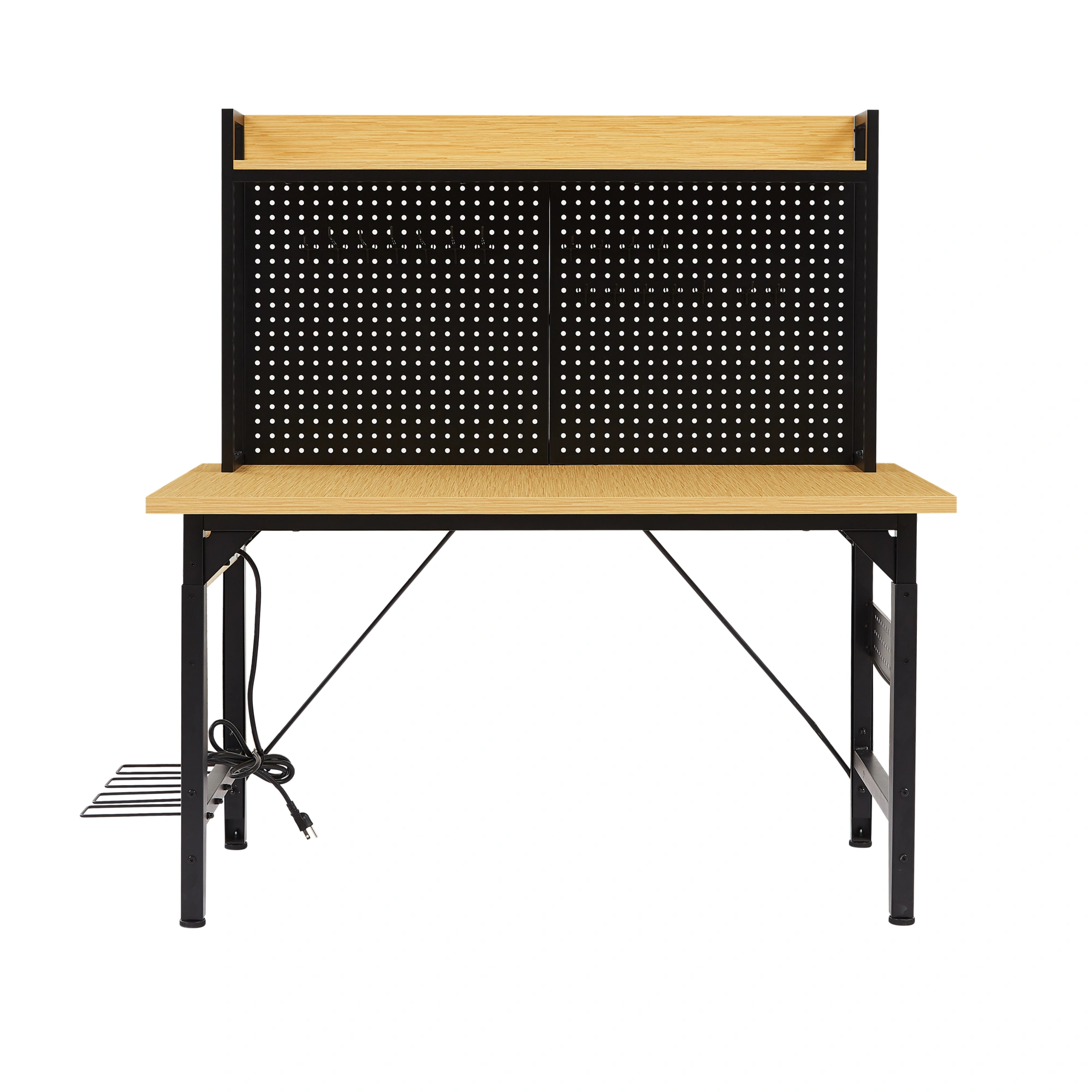48'' Adjustable Workbench with Wheels, Heavy Duty Wooden Workstation 1600 lb, Pegboard, AC/USB Outlet, Hooks, Shelf for Garage Workshop view 20