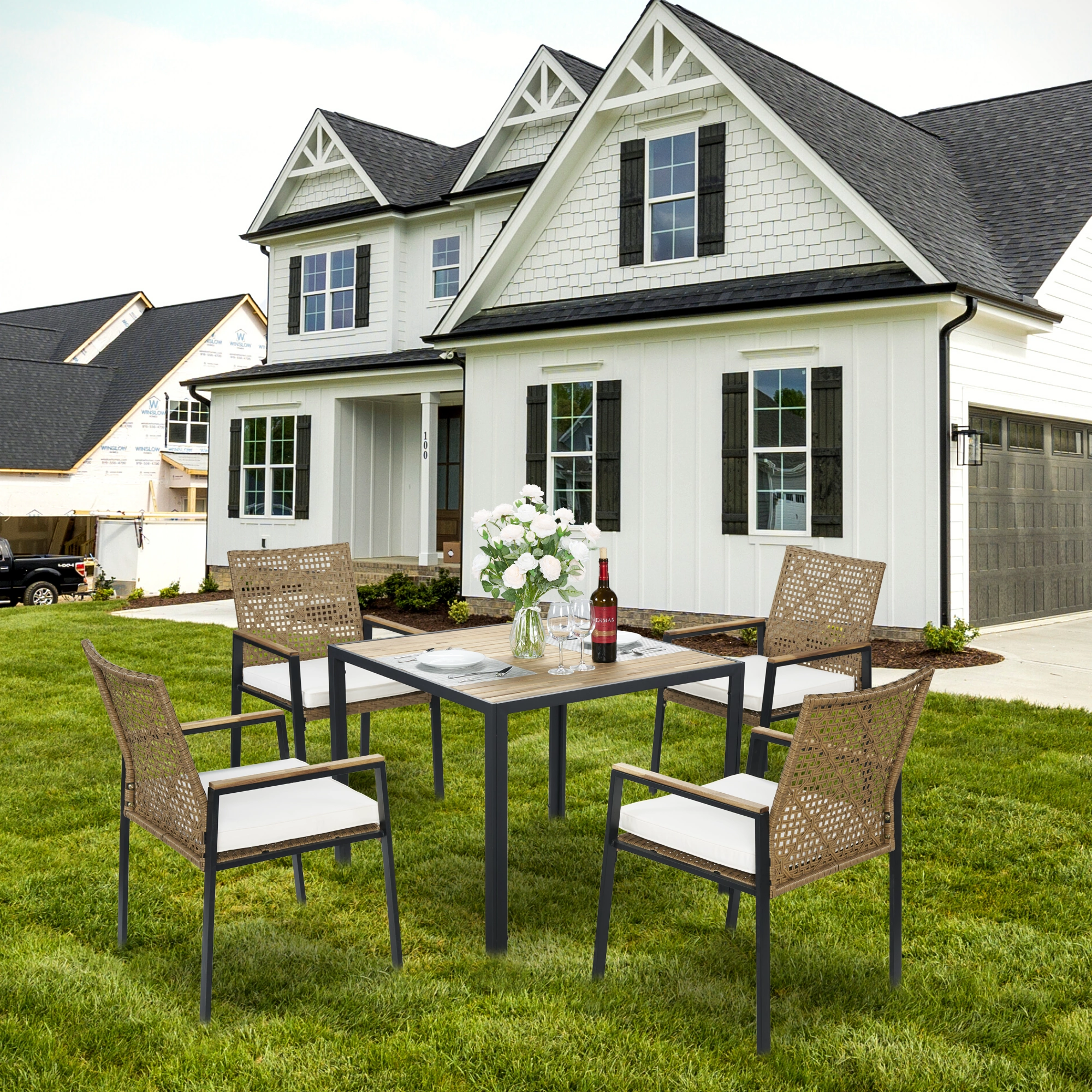 All Weather 5-Piece Patio Conversation Set Outdoor Garden Wicker Sofa Seating Cushion Included view 20