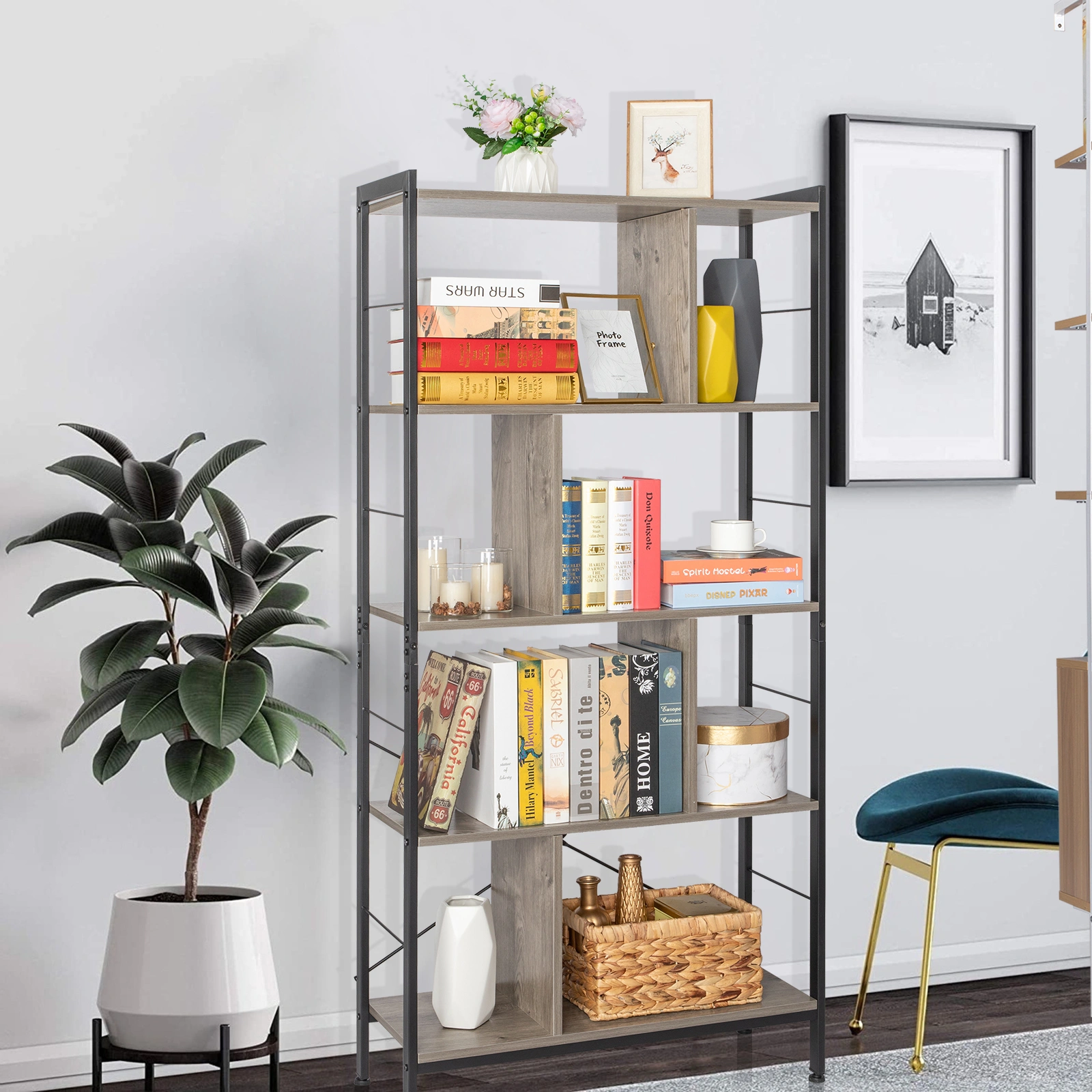 4-Tier Industrial Steel Bookshelf | Floor Standing Storage Rack | Wide Shelving Unit for Living Room Office Study | Easy Assembly | Gray