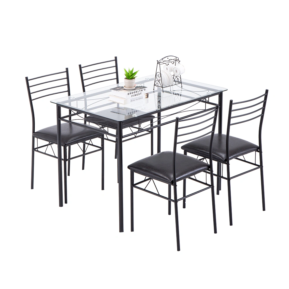 Black Iron Glass Dining Table Set, 4 Chairs with PU Cushion Seats, 5-Piece Metal Frame Table and Chair Set for Dining Room