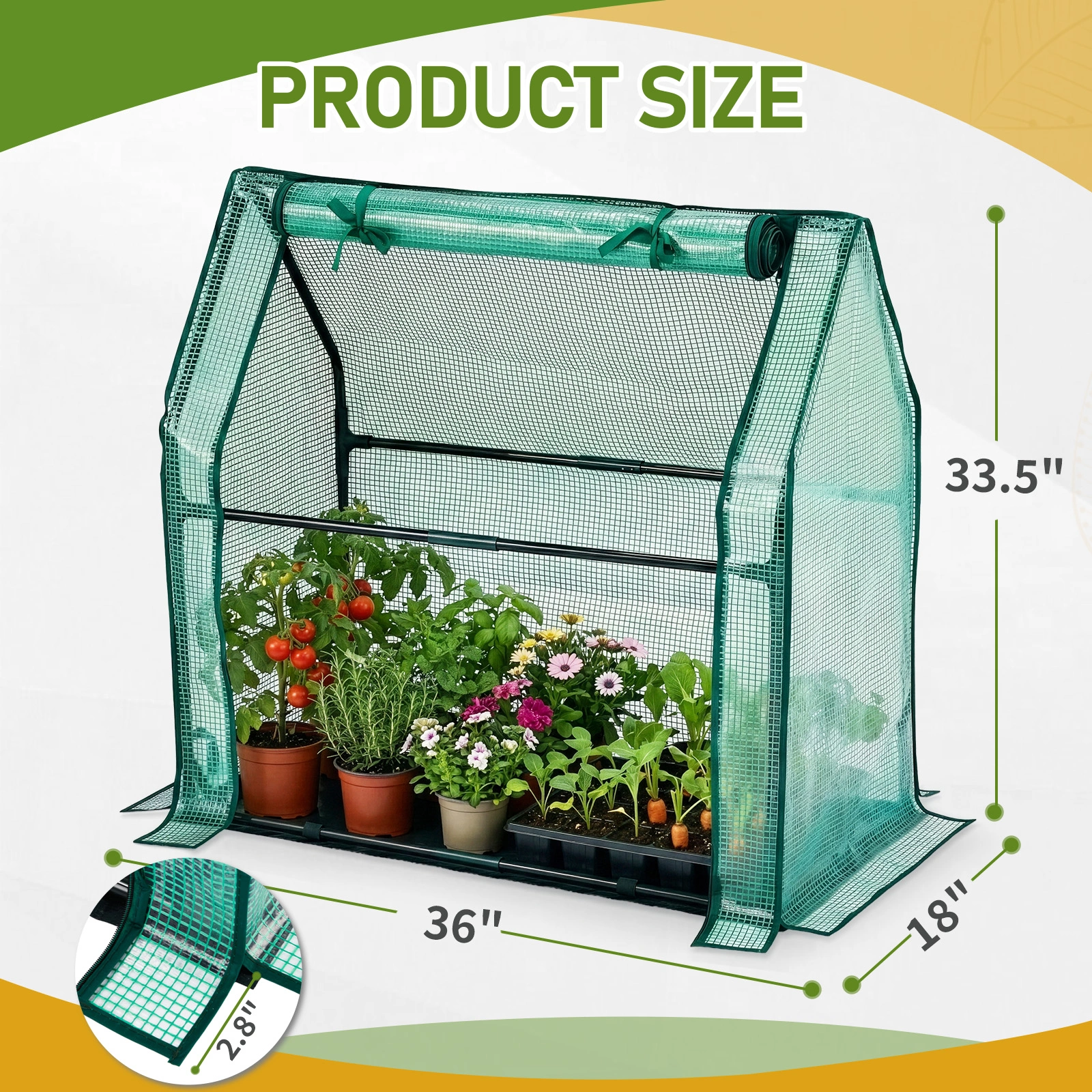 Mini Greenhouse with PE Cover, Indoor Outdoor Plant Gardening Green House for Garden Backyard, 36*18*33in, Green view 2