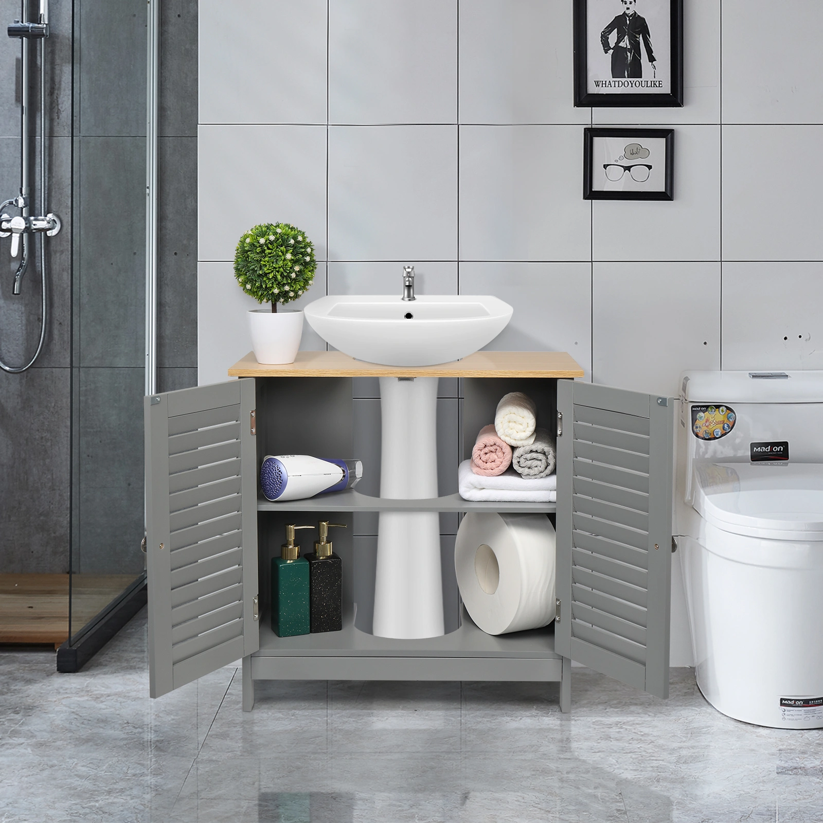 Modern Double Shutter Door MDF Spray Paint Bathroom Sink Cabinet Gray