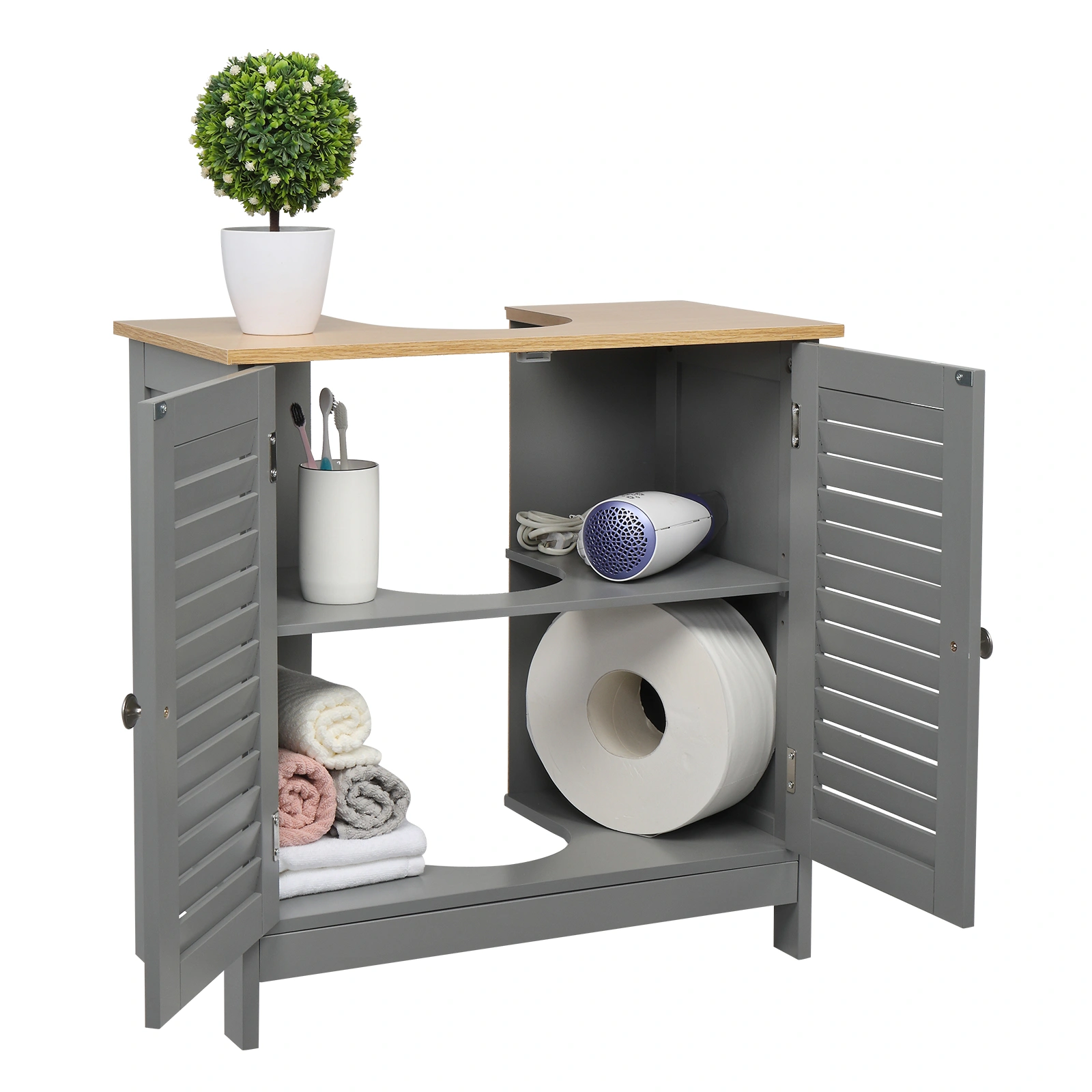 Modern Gray Double Shutter Door Bathroom Sink Cabinet, MDF Construction with Spray Paint Finish view 13