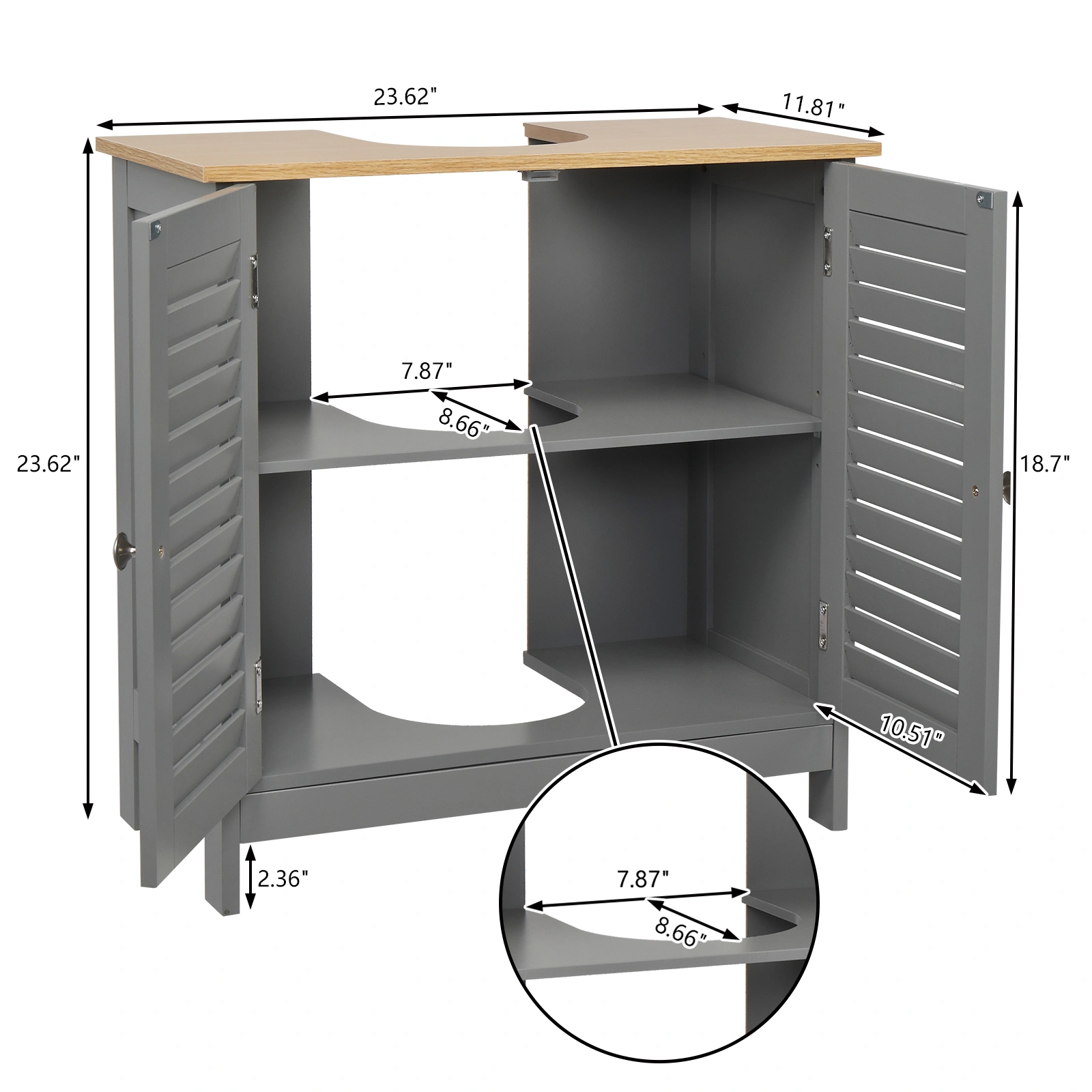 Modern Gray Double Shutter Door Bathroom Sink Cabinet, MDF Construction with Spray Paint Finish view 15