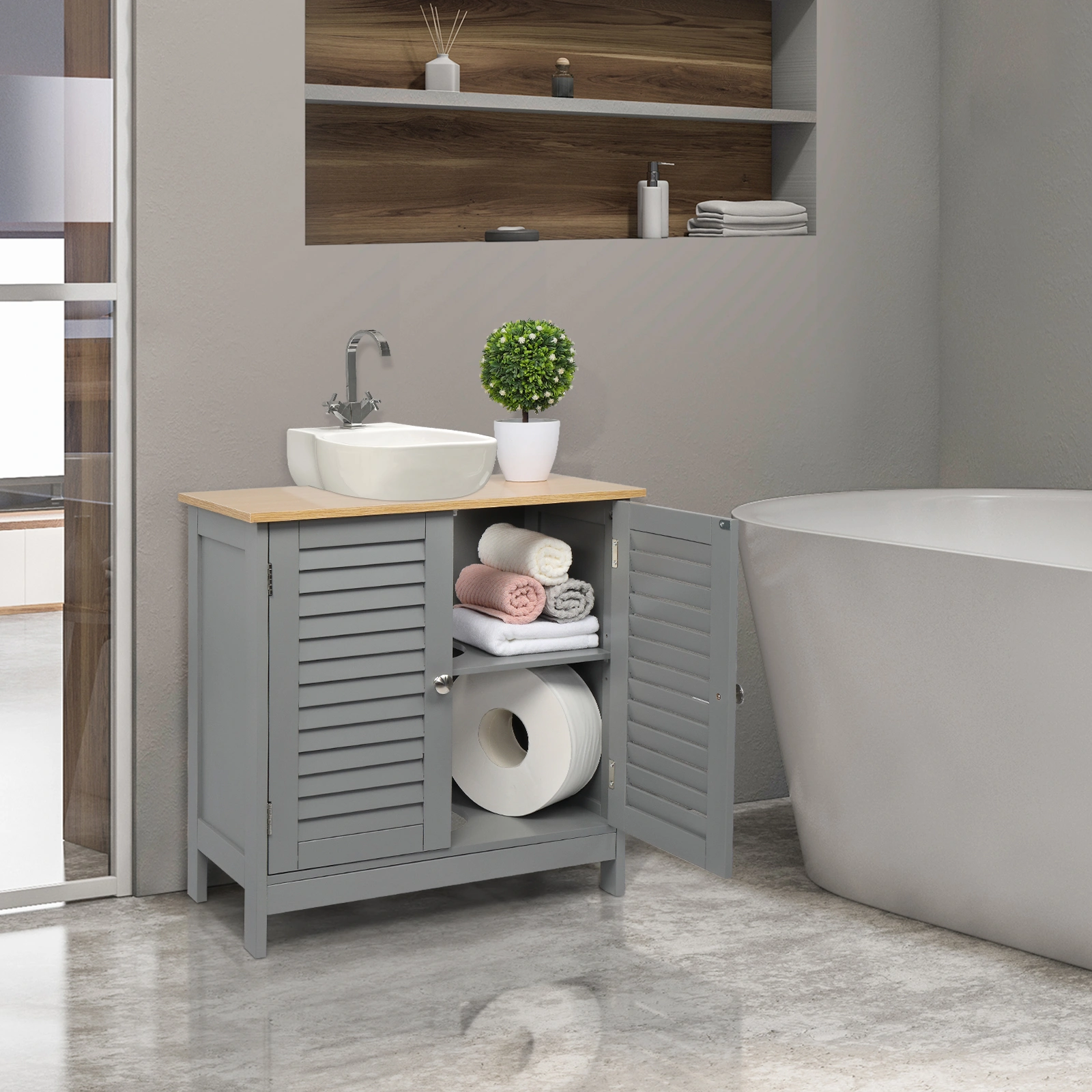 Modern Gray Double Shutter Door Bathroom Sink Cabinet, MDF Construction with Spray Paint Finish view 2