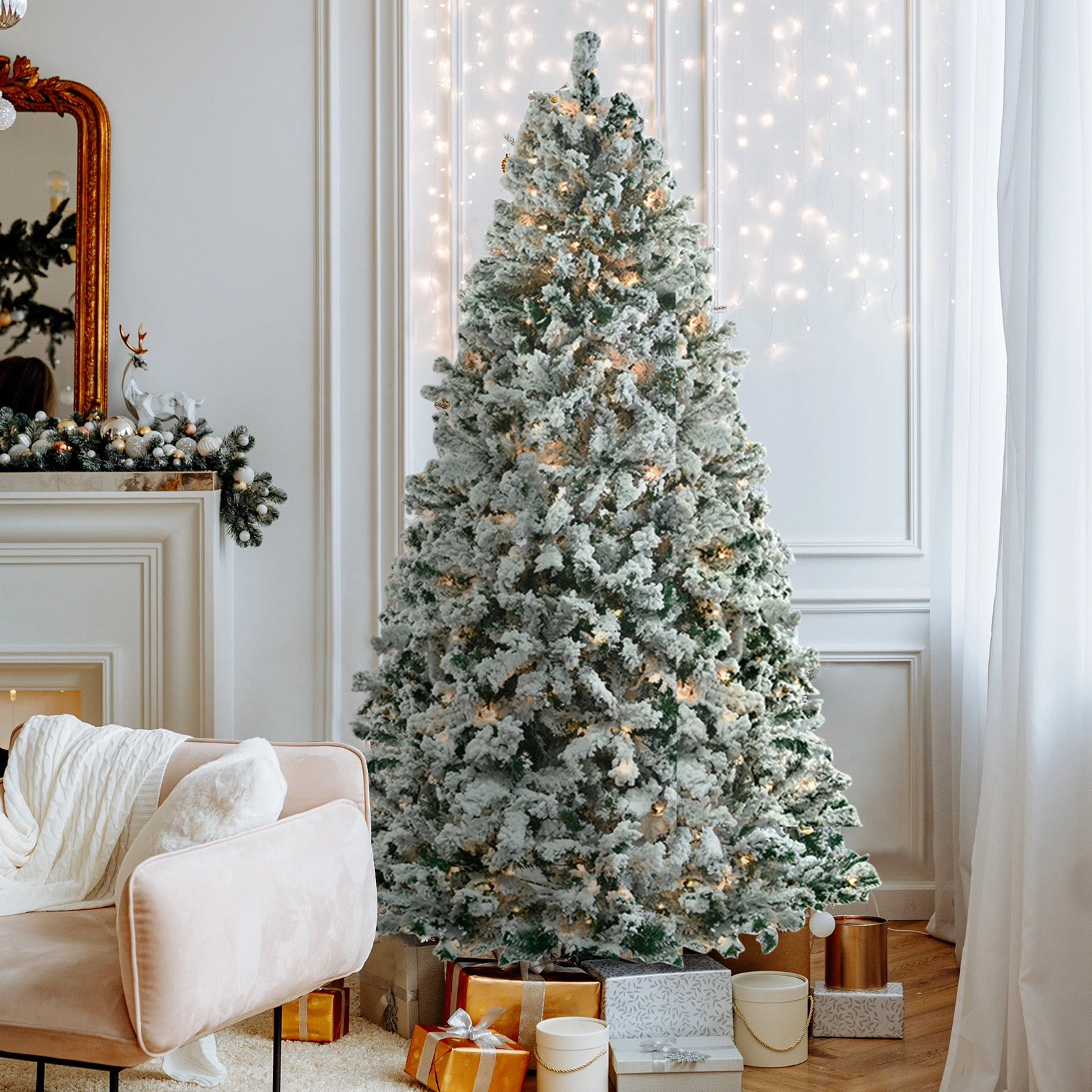 7 FT Pre-lit Snow Flocked Christmas Tree, Artificial Hinged Xmas Pine Tree with 1000 Branch Tips, 400 Lights and Remote Control for Holiday Party Office Home, Snowy Green view 2