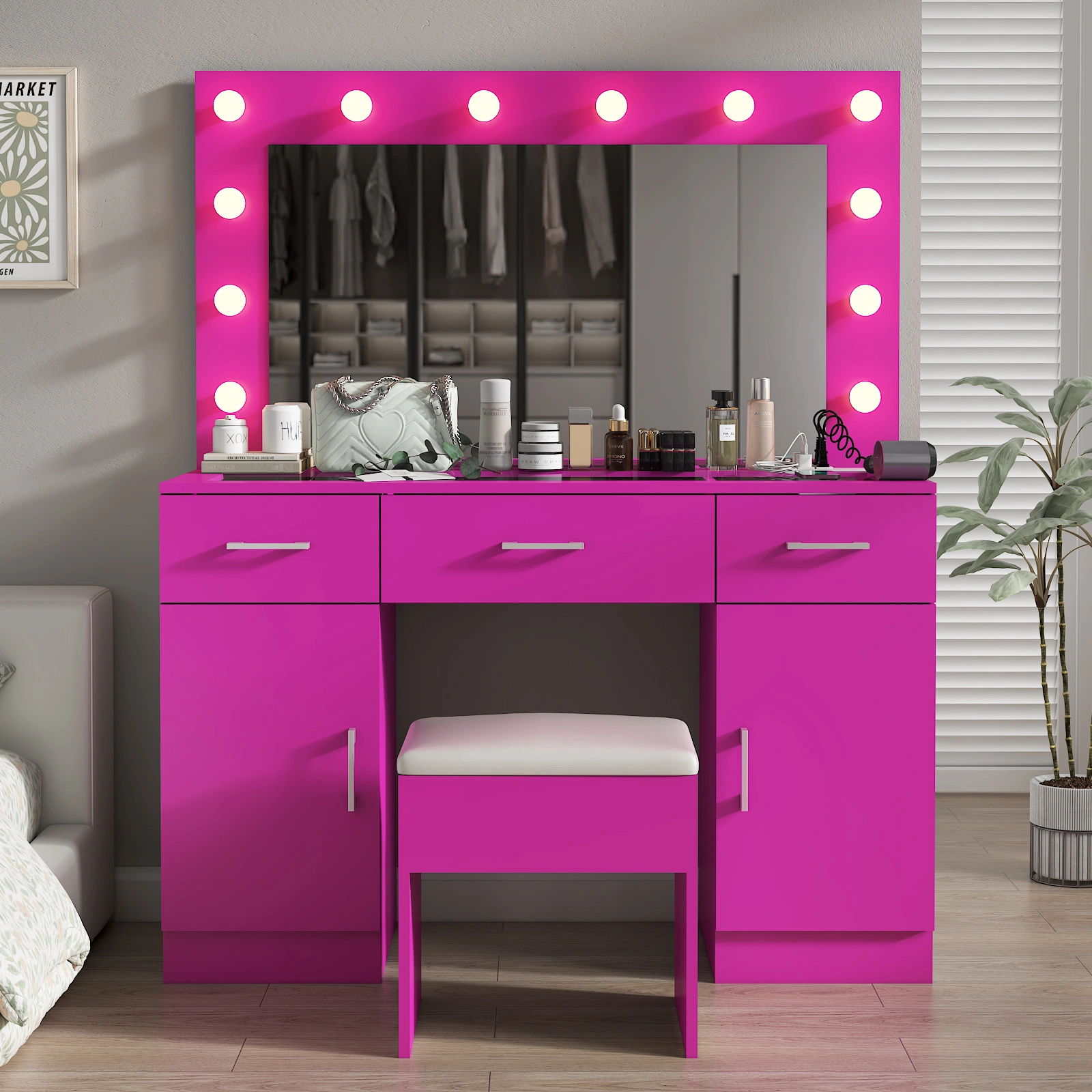 Pink Vanity Desk with Glass Top, 3 Drawers 2 Cabinets, 12 LED Lights, 3 Color Adjustable Mirror with Power Outlet