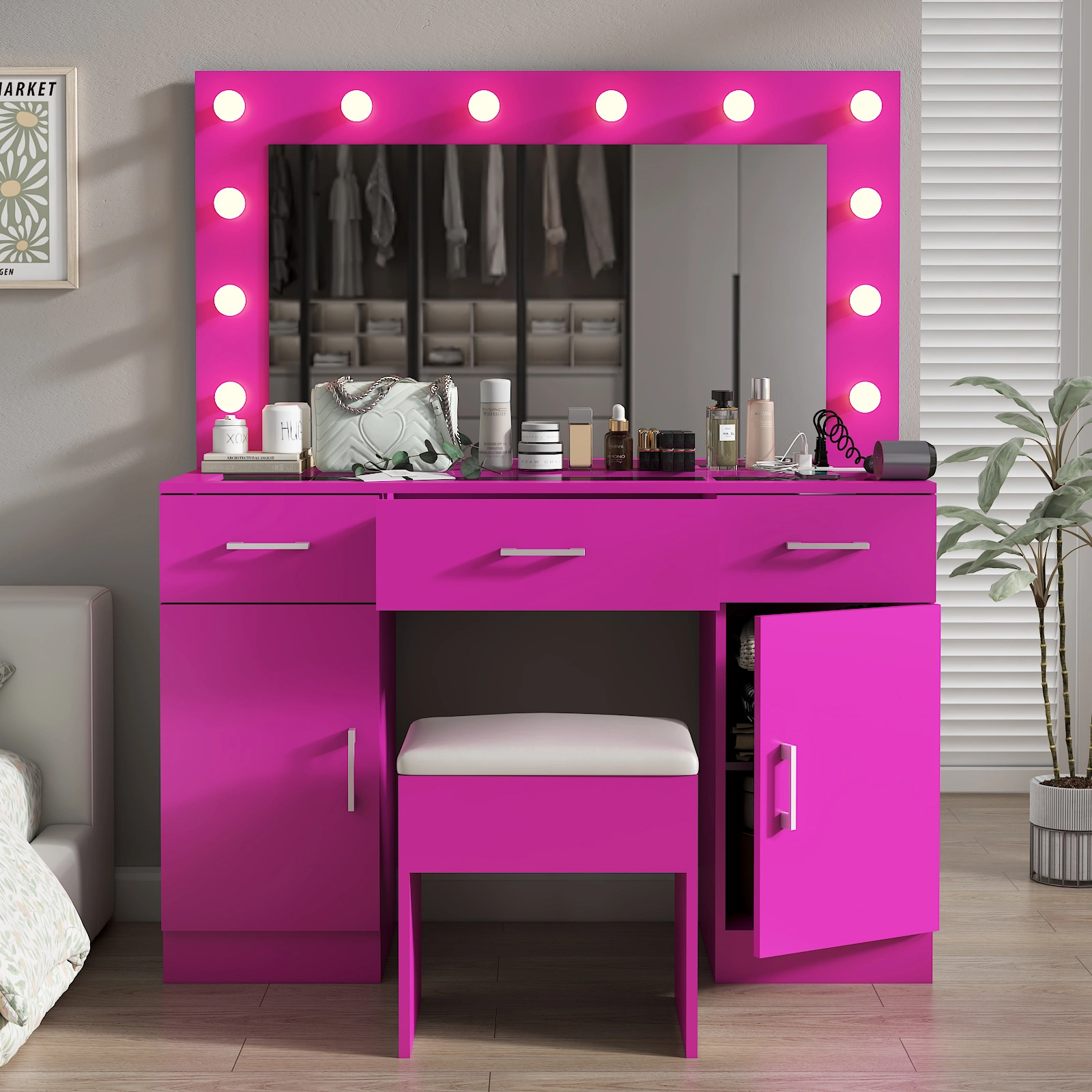 Pink Vanity Desk with Glass Top, 3 Drawers 2 Cabinets, 12 LED Lights, 3 Color Adjustable Mirror with Power Outlet view 11