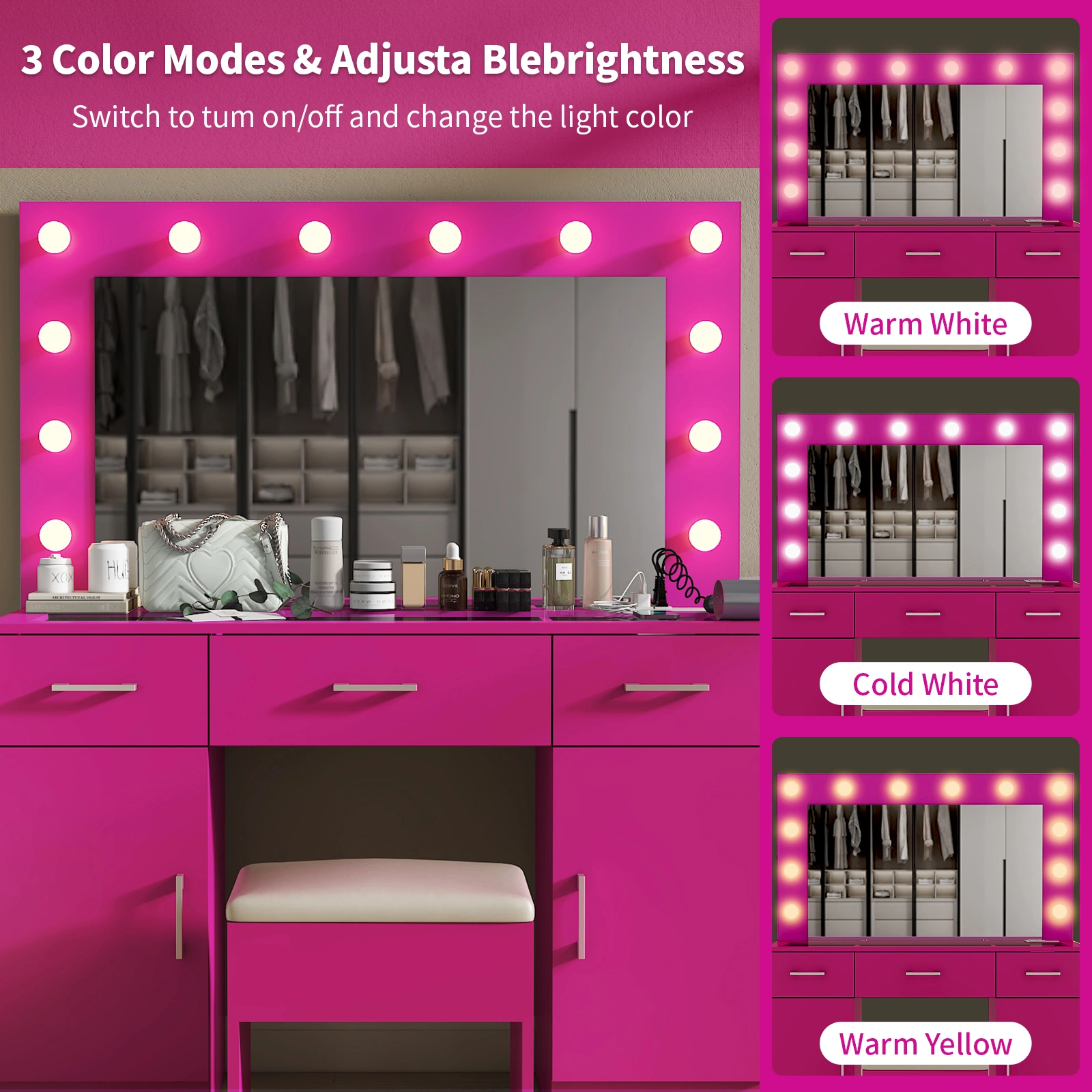 Pink Vanity Desk with Glass Top, 3 Drawers 2 Cabinets, 12 LED Lights, 3 Color Adjustable Mirror with Power Outlet view 12