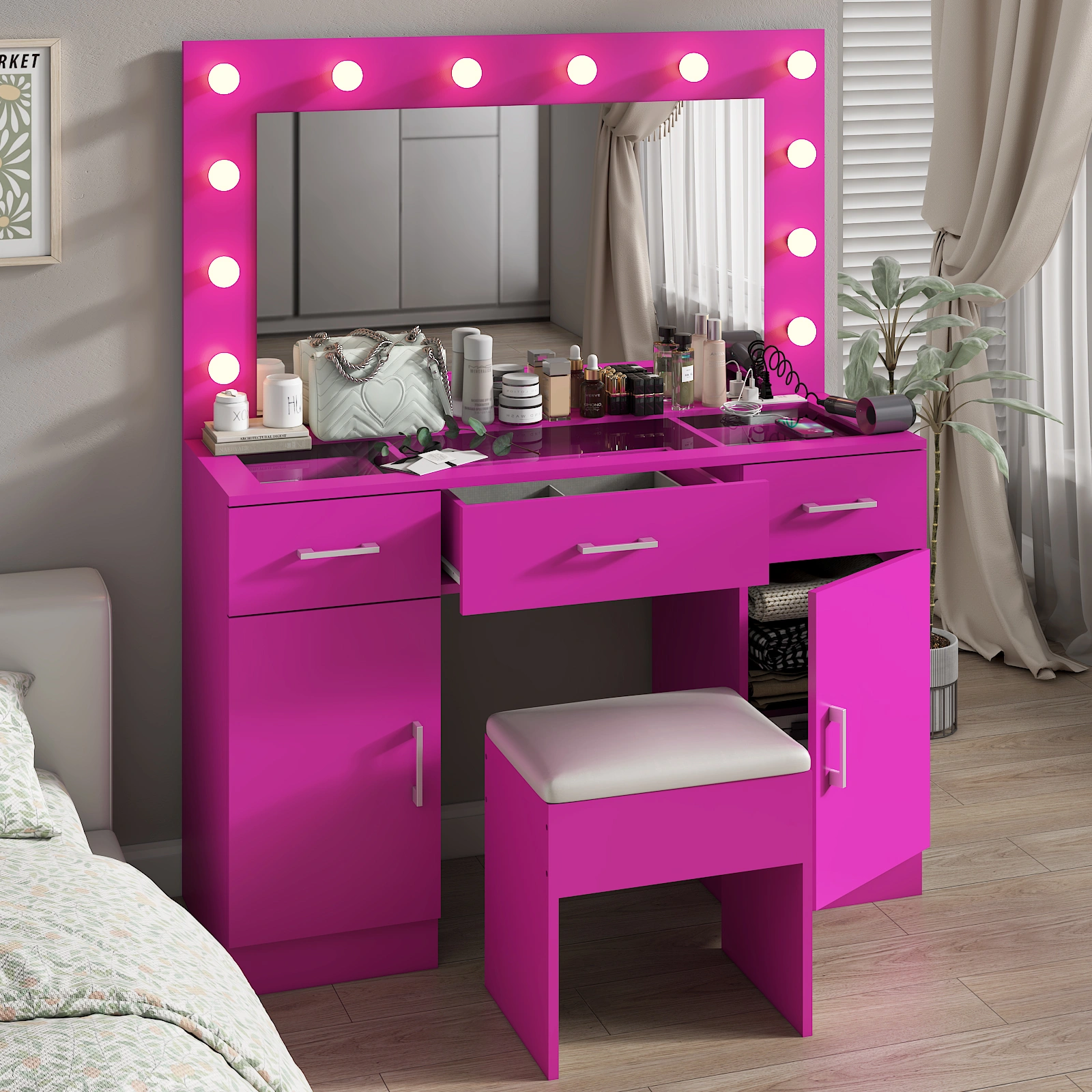 Pink Vanity Desk with Glass Top, 3 Drawers 2 Cabinets, 12 LED Lights, 3 Color Adjustable Mirror with Power Outlet view 13