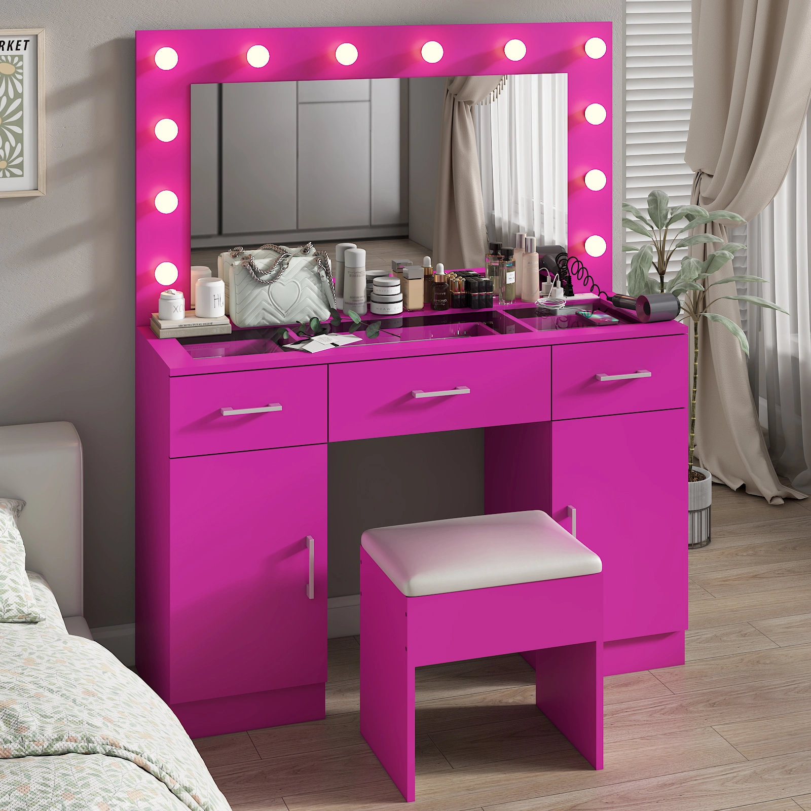 Pink Vanity Desk with Glass Top, 3 Drawers 2 Cabinets, 12 LED Lights, 3 Color Adjustable Mirror with Power Outlet view 2