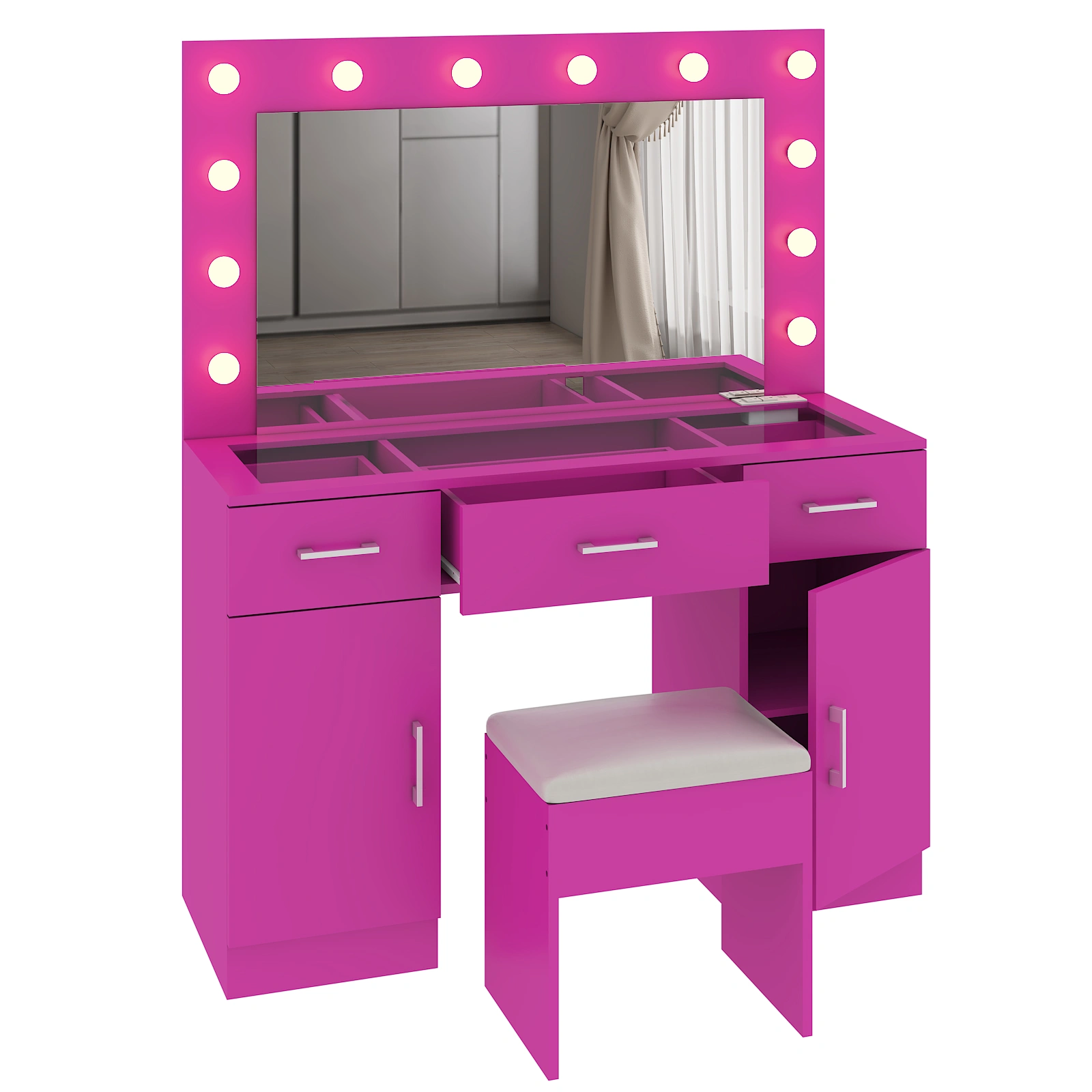 Pink Vanity Desk with Glass Top, 3 Drawers 2 Cabinets, 12 LED Lights, 3 Color Adjustable Mirror with Power Outlet view 3