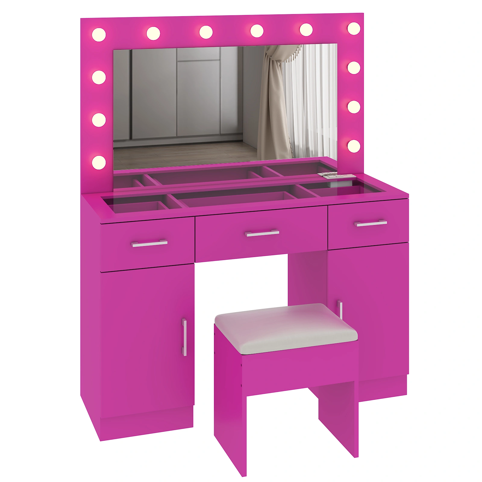 Pink Vanity Desk with Glass Top, 3 Drawers 2 Cabinets, 12 LED Lights, 3 Color Adjustable Mirror with Power Outlet view 4
