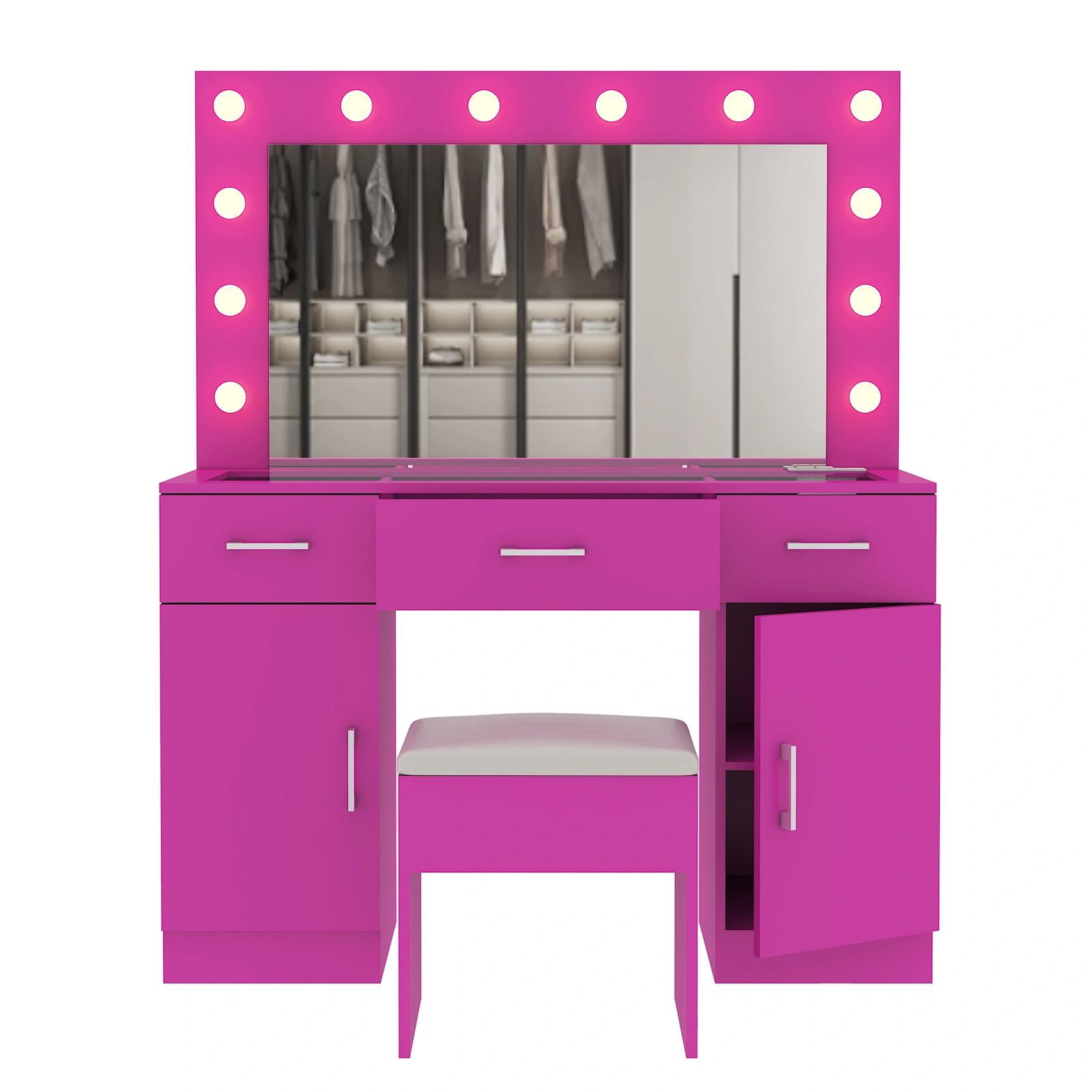Pink Vanity Desk with Glass Top, 3 Drawers 2 Cabinets, 12 LED Lights, 3 Color Adjustable Mirror with Power Outlet view 5