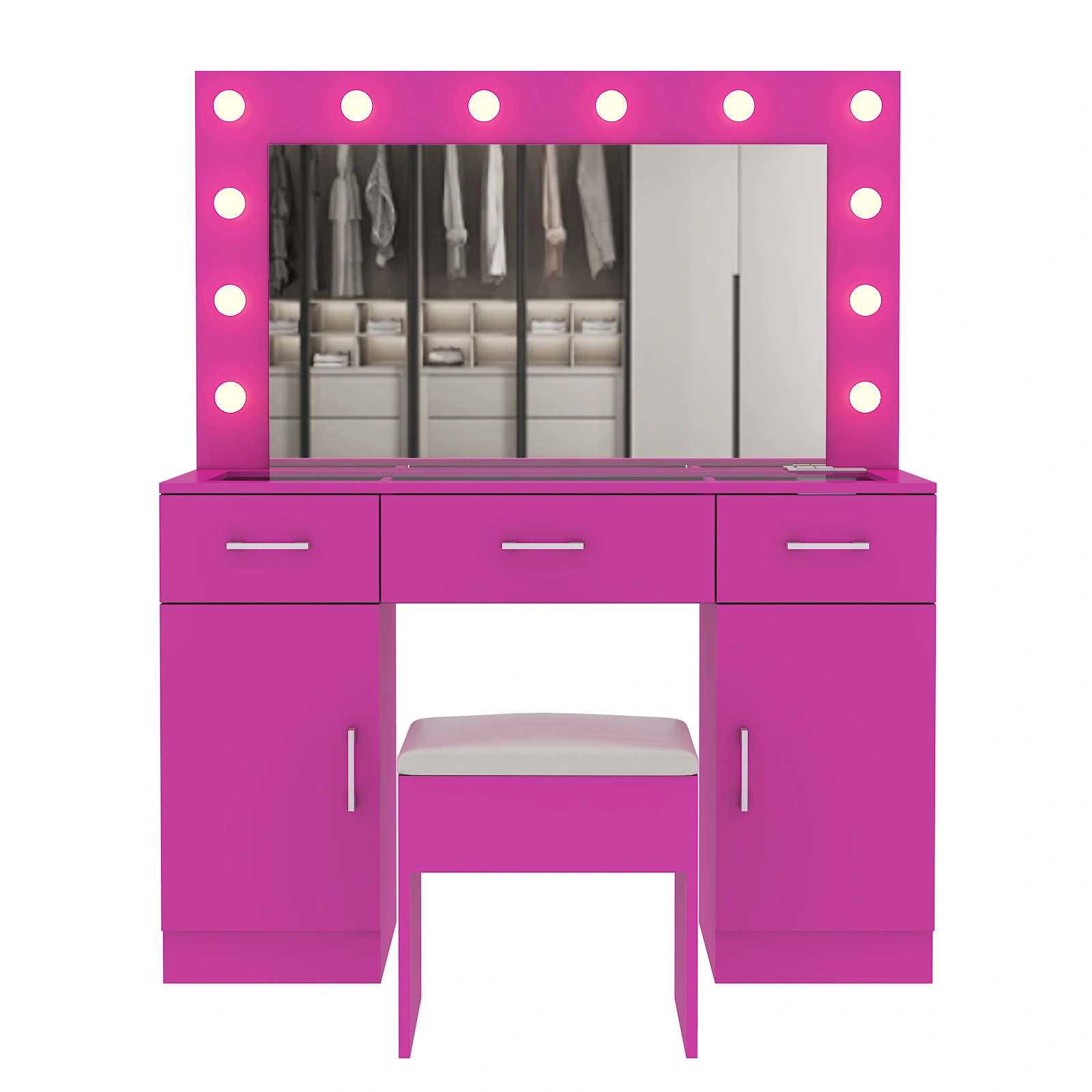 Pink Vanity Desk with Glass Top, 3 Drawers 2 Cabinets, 12 LED Lights, 3 Color Adjustable Mirror with Power Outlet view 6