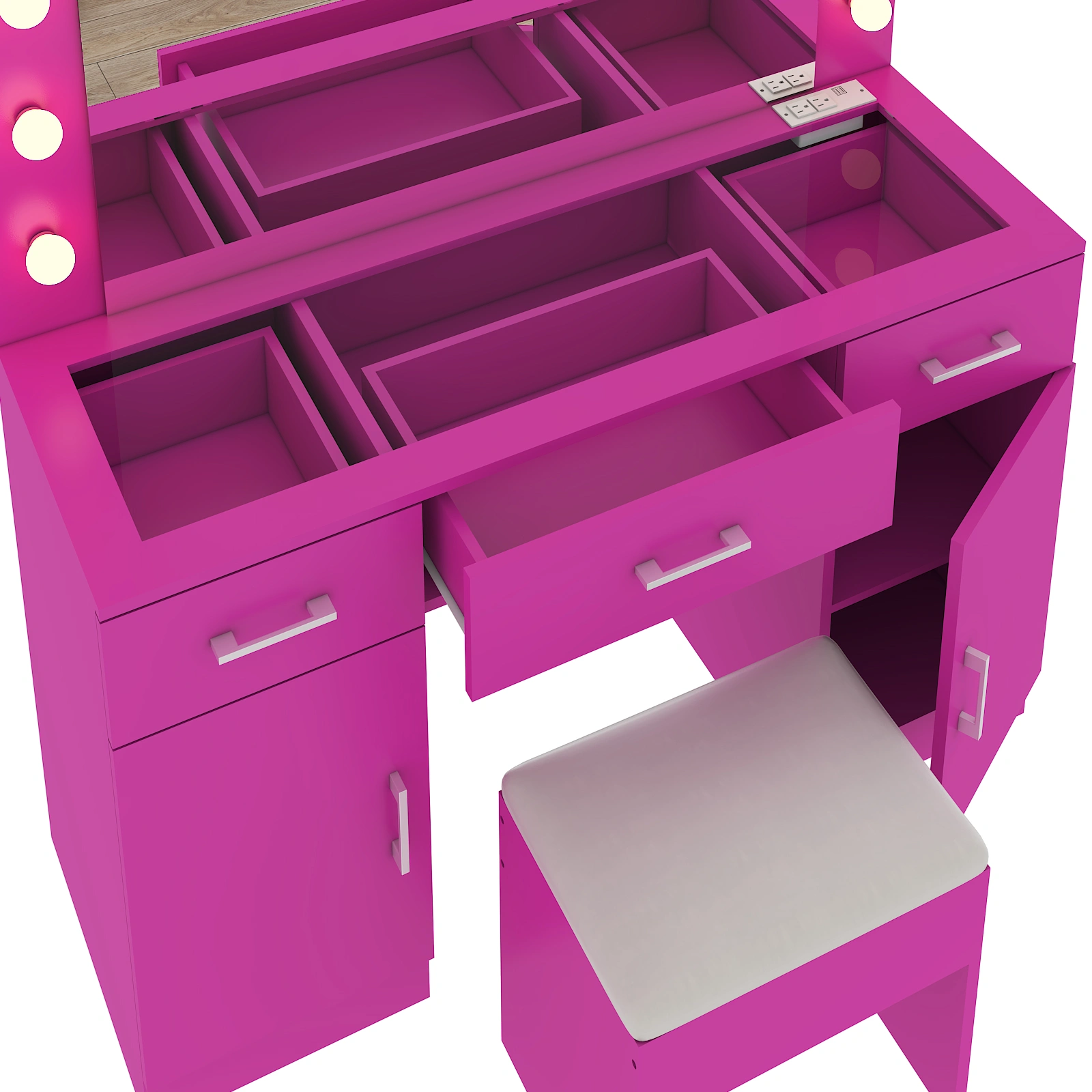 Pink Vanity Desk with Glass Top, 3 Drawers 2 Cabinets, 12 LED Lights, 3 Color Adjustable Mirror with Power Outlet view 7