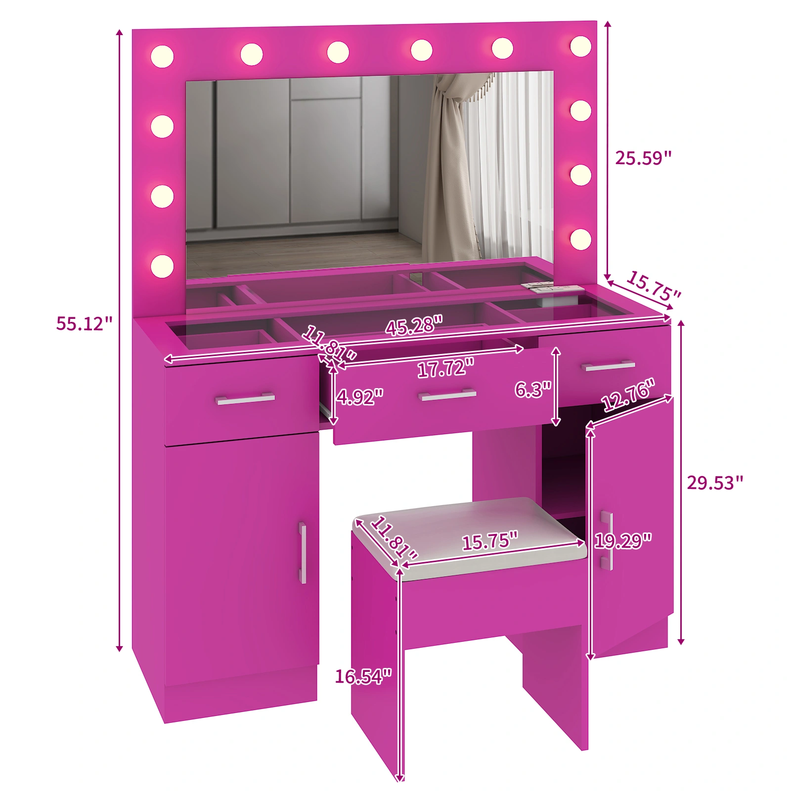 Pink Vanity Desk with Glass Top, 3 Drawers 2 Cabinets, 12 LED Lights, 3 Color Adjustable Mirror with Power Outlet view 8