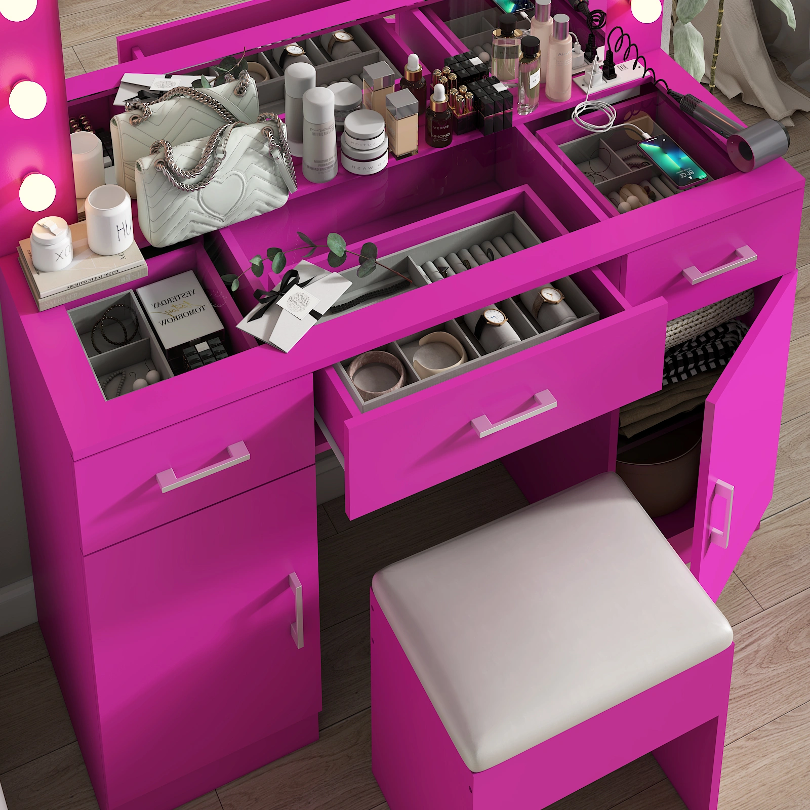 Pink Vanity Desk with Glass Top, 3 Drawers 2 Cabinets, 12 LED Lights, 3 Color Adjustable Mirror with Power Outlet view 9