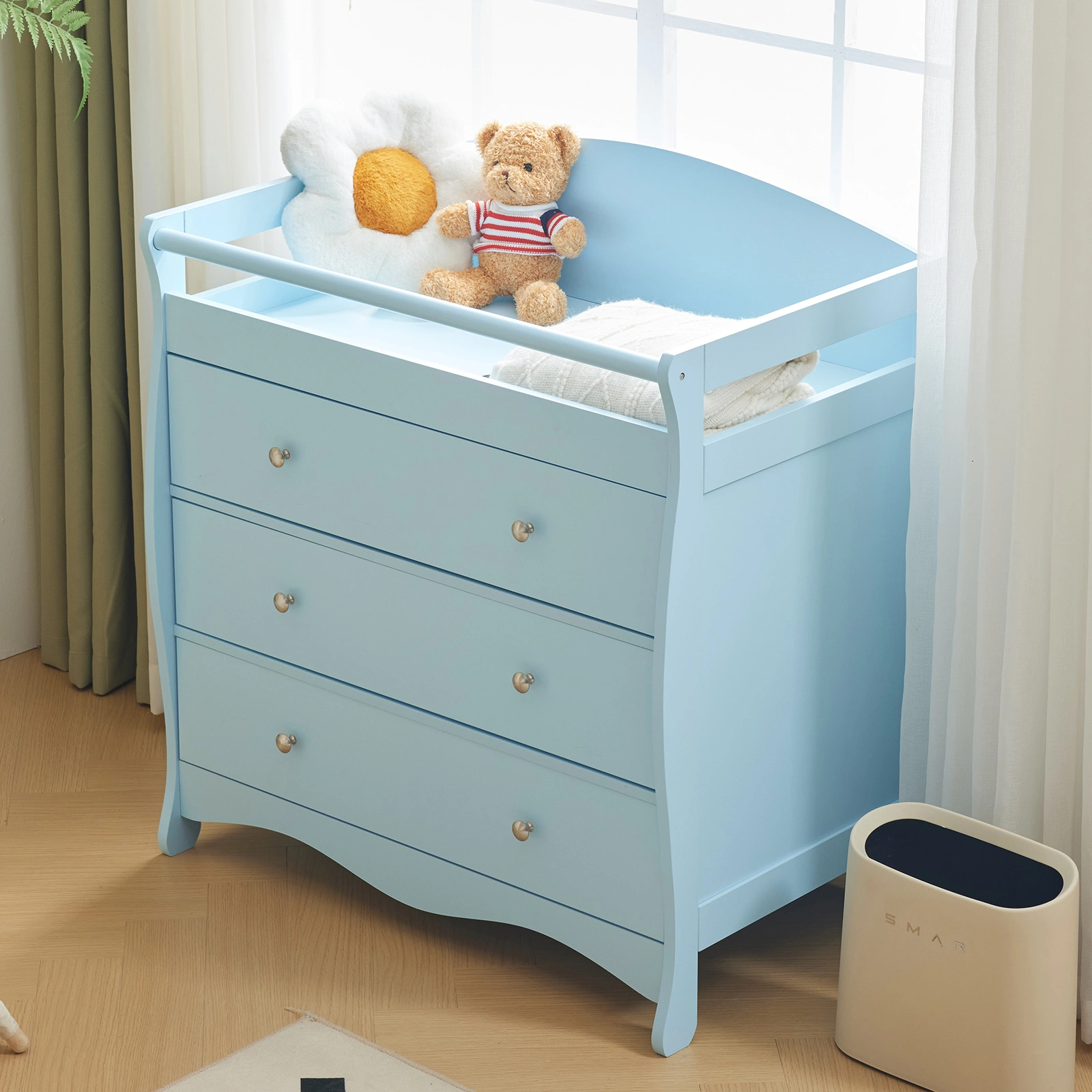 Blue painted finish, MDF, three drawers, 90.5*58*92cm, children's wooden bed with safety belt and changing table for babies view 10