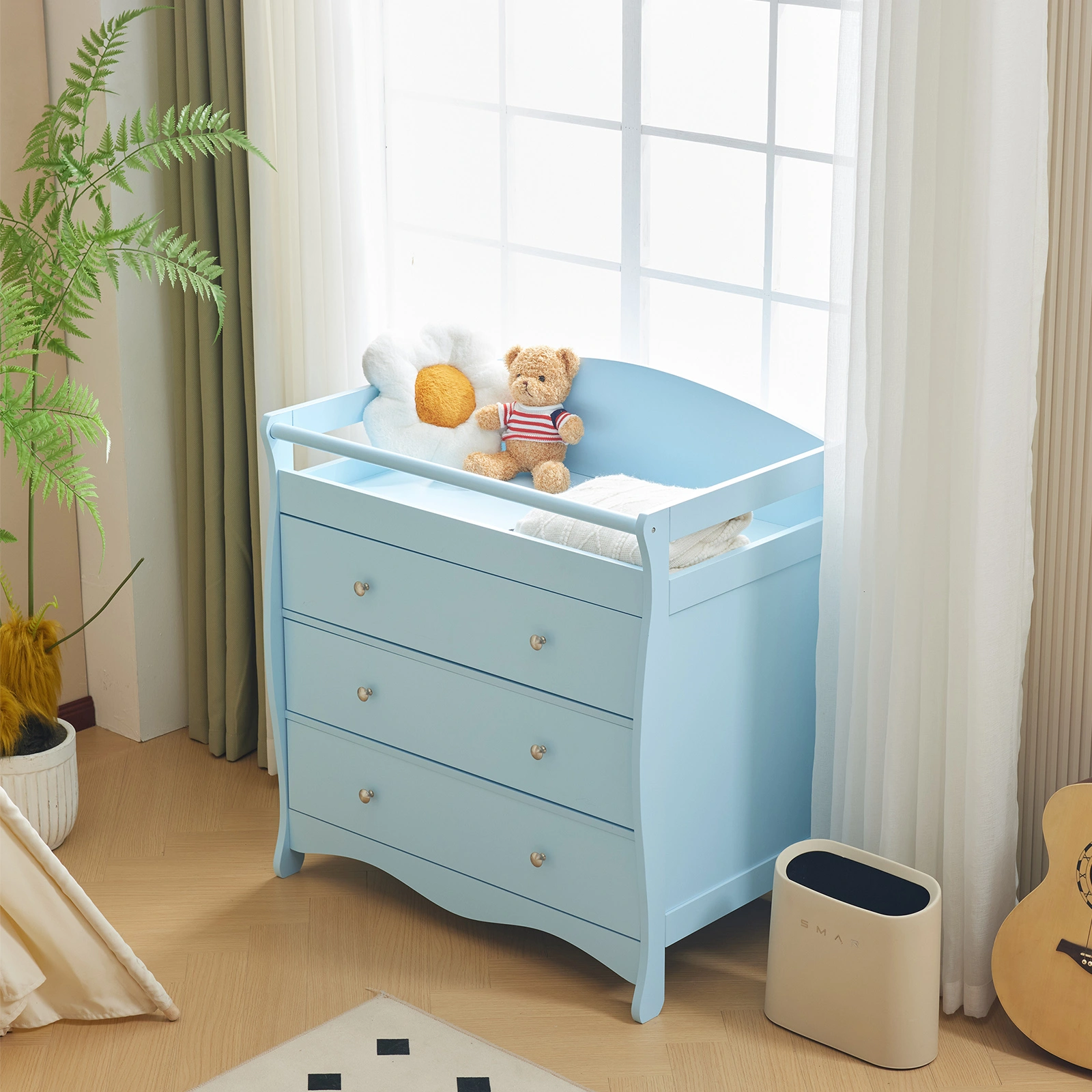 Blue painted finish, MDF, three drawers, 90.5*58*92cm, children's wooden bed with safety belt and changing table for babies view 11