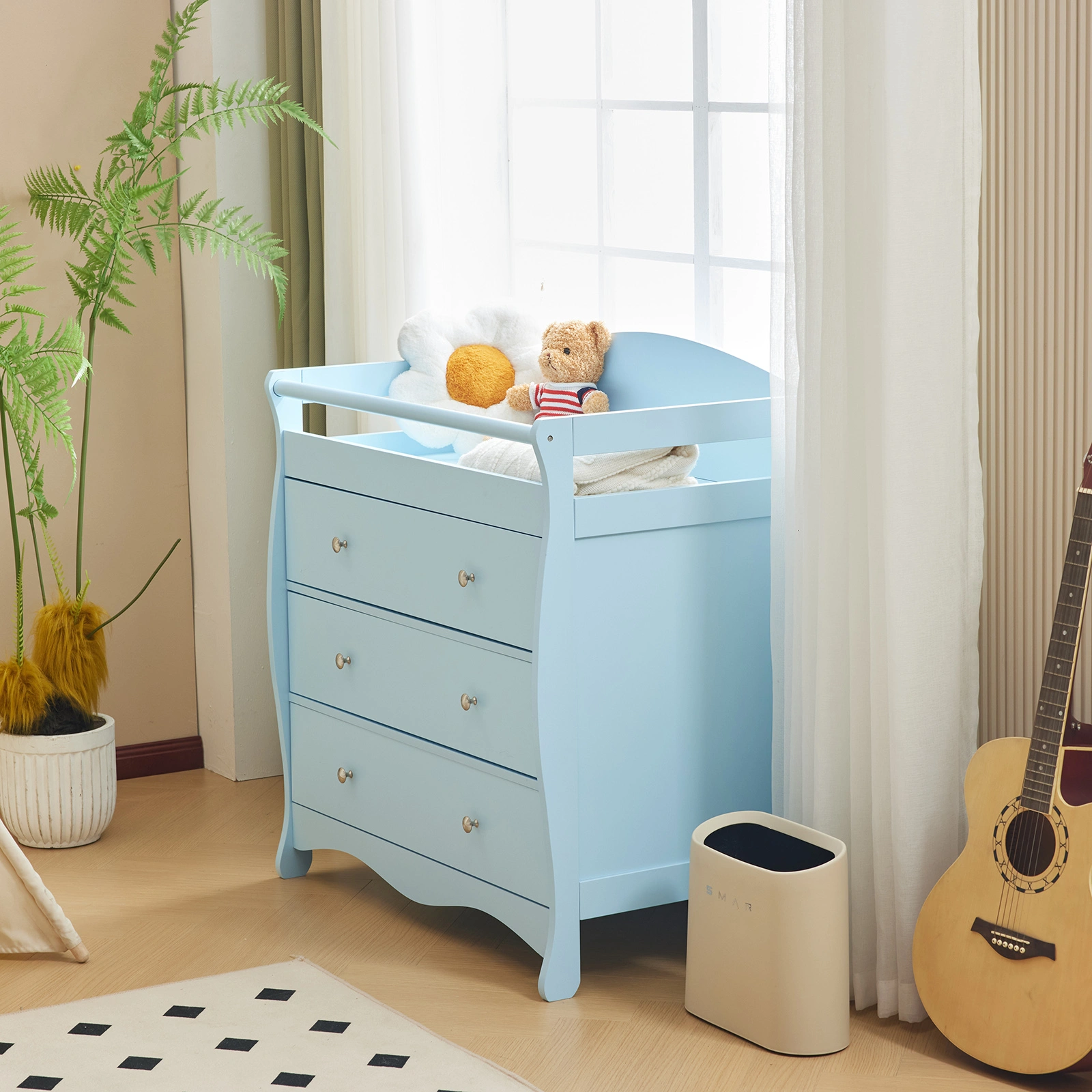 Blue painted finish, MDF, three drawers, 90.5*58*92cm, children's wooden bed with safety belt and changing table for babies view 12