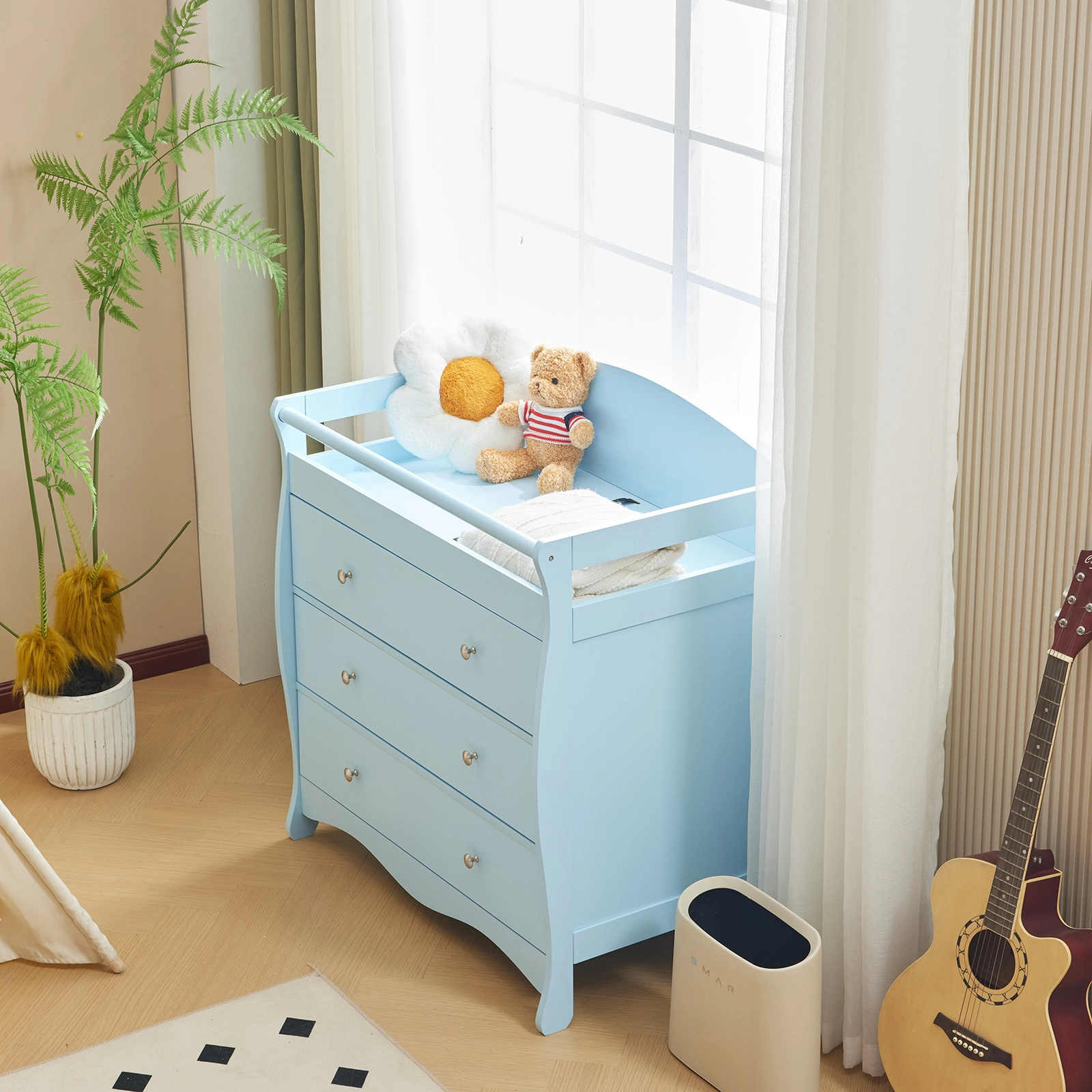Blue painted finish, MDF, three drawers, 90.5*58*92cm, children's wooden bed with safety belt and changing table for babies view 13