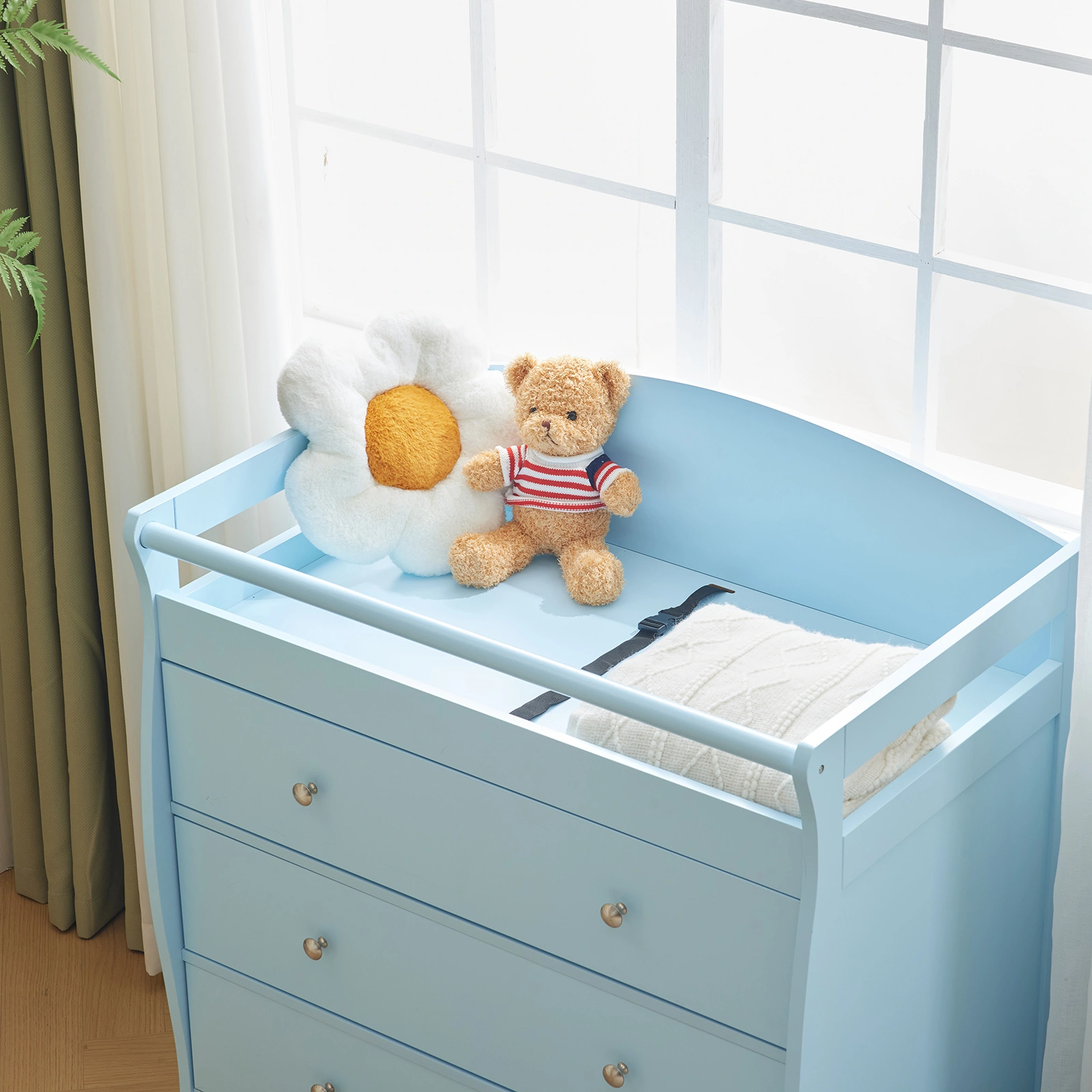 Blue painted finish, MDF, three drawers, 90.5*58*92cm, children's wooden bed with safety belt and changing table for babies view 14