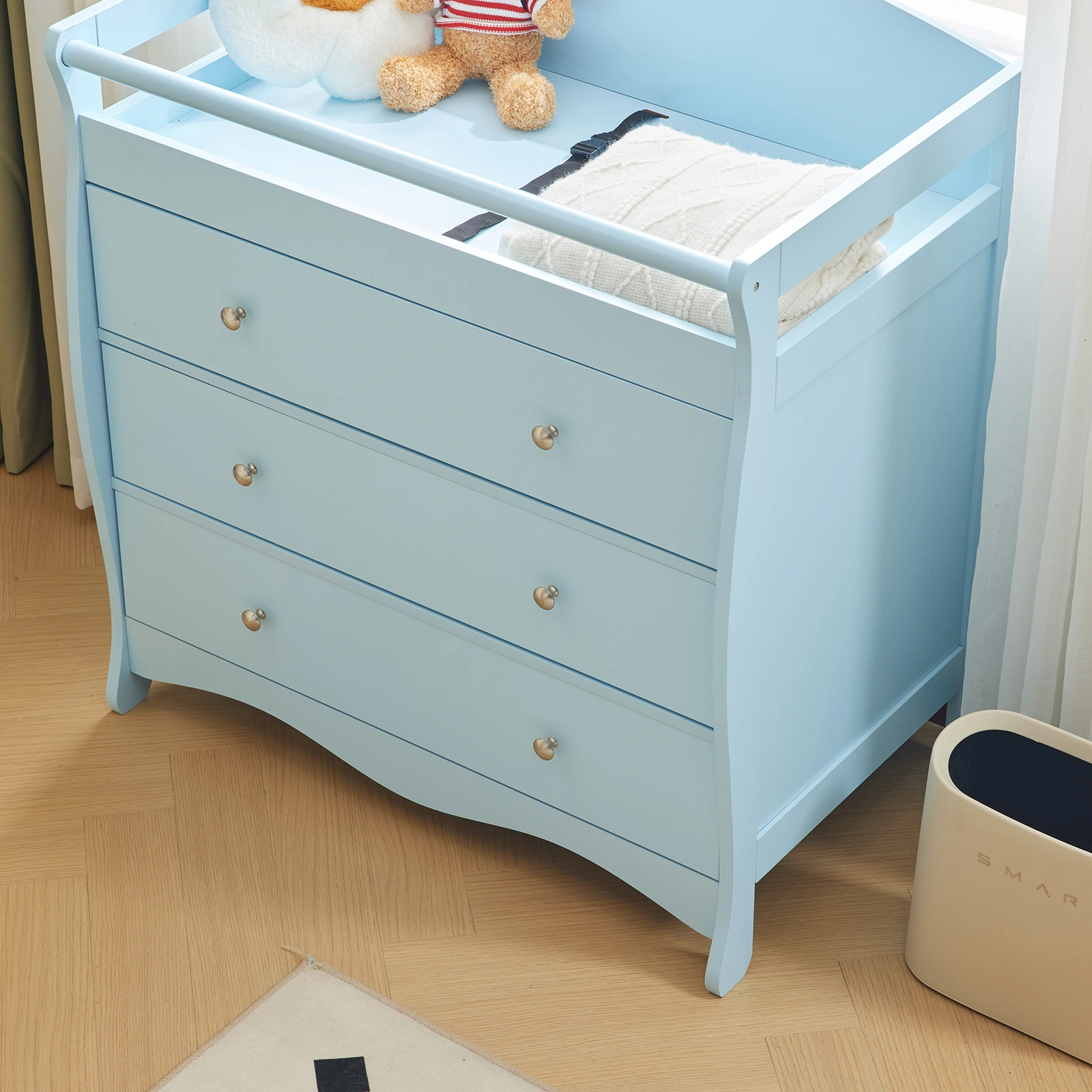 Blue painted finish, MDF, three drawers, 90.5*58*92cm, children's wooden bed with safety belt and changing table for babies view 15