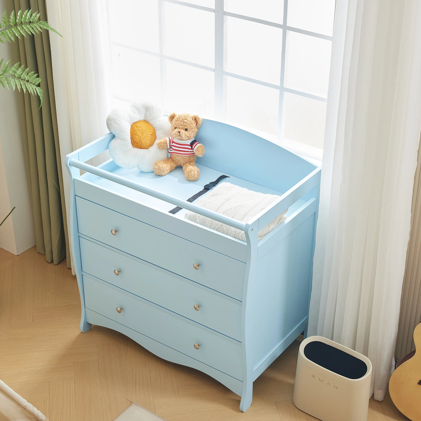 Blue painted finish, MDF, three drawers, 90.5*58*92cm, children's wooden bed with safety belt and changing table for babies view 16