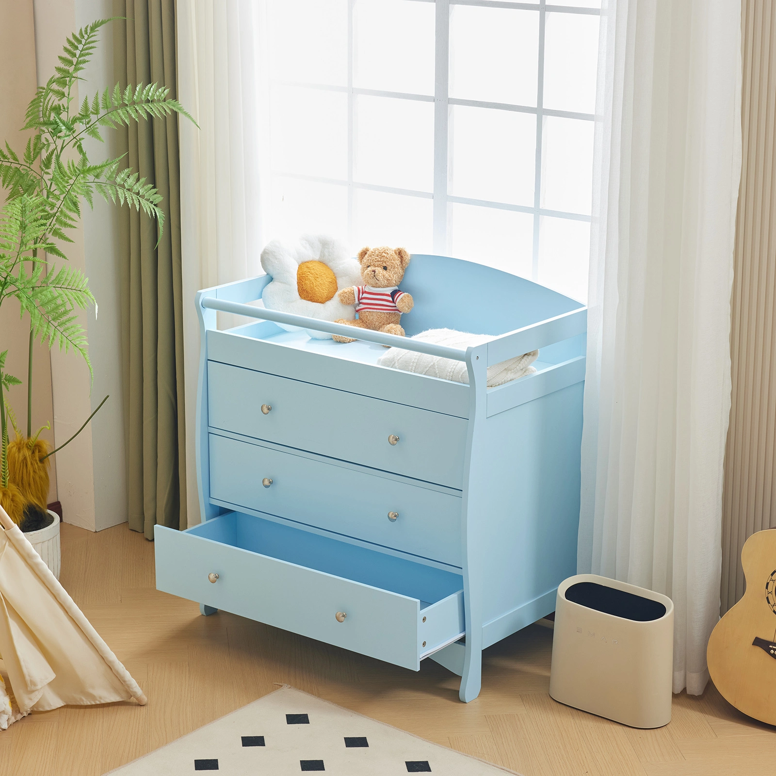 Blue painted finish, MDF, three drawers, 90.5*58*92cm, children's wooden bed with safety belt and changing table for babies view 17