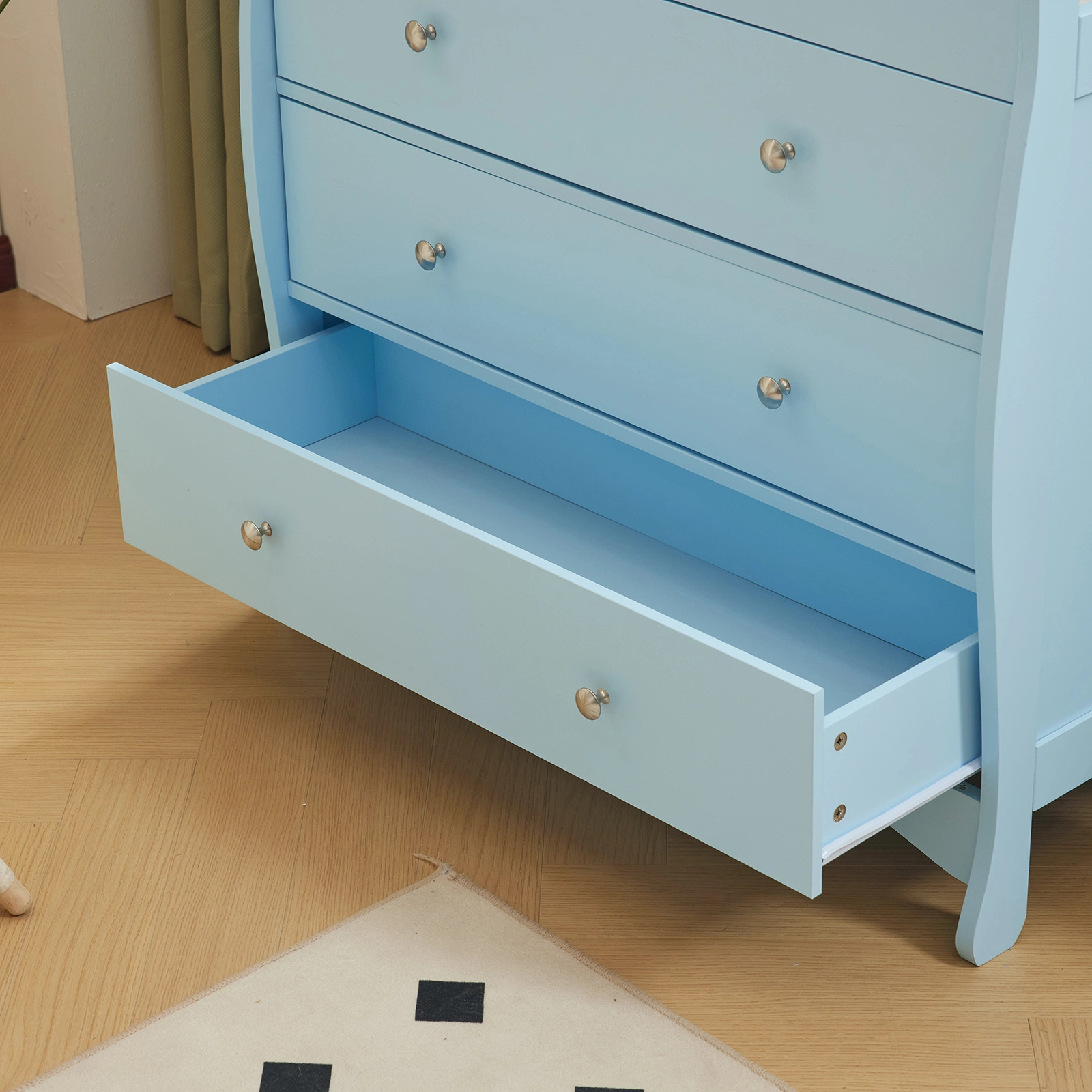 Blue painted finish, MDF, three drawers, 90.5*58*92cm, children's wooden bed with safety belt and changing table for babies view 18