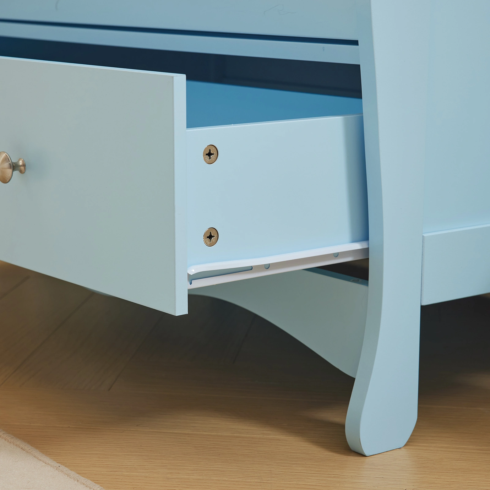 Blue painted finish, MDF, three drawers, 90.5*58*92cm, children's wooden bed with safety belt and changing table for babies view 19