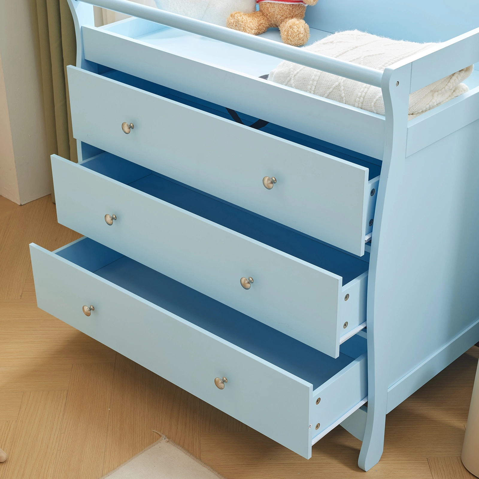 Blue painted finish, MDF, three drawers, 90.5*58*92cm, children's wooden bed with safety belt and changing table for babies view 21