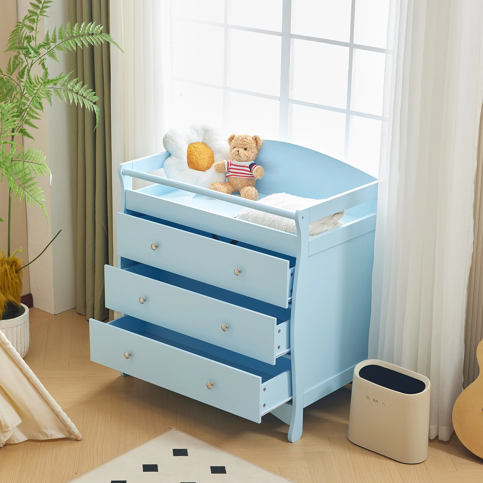 Blue painted finish, MDF, three drawers, 90.5*58*92cm, children's wooden bed with safety belt and changing table for babies view 22