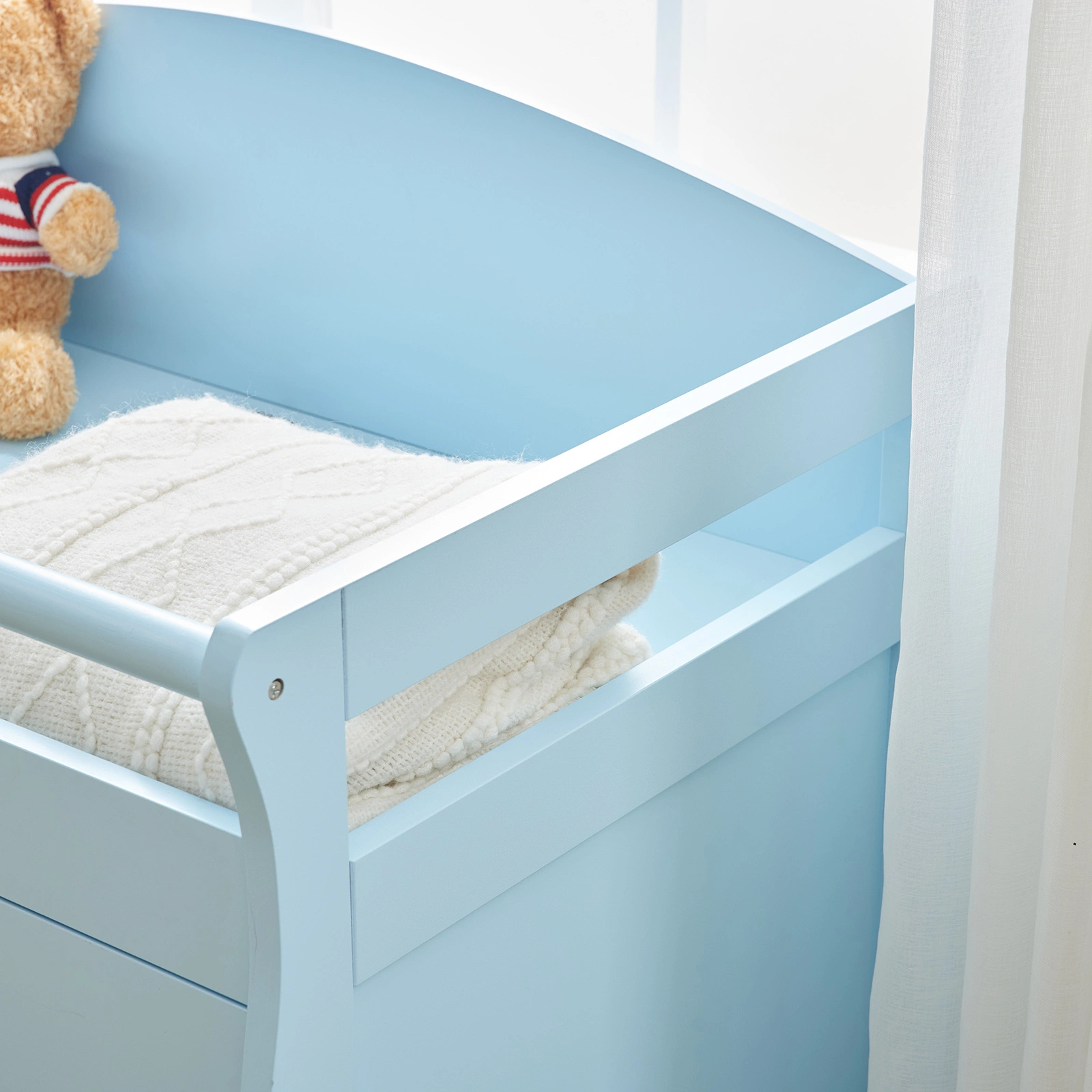 Blue painted finish, MDF, three drawers, 90.5*58*92cm, children's wooden bed with safety belt and changing table for babies view 23