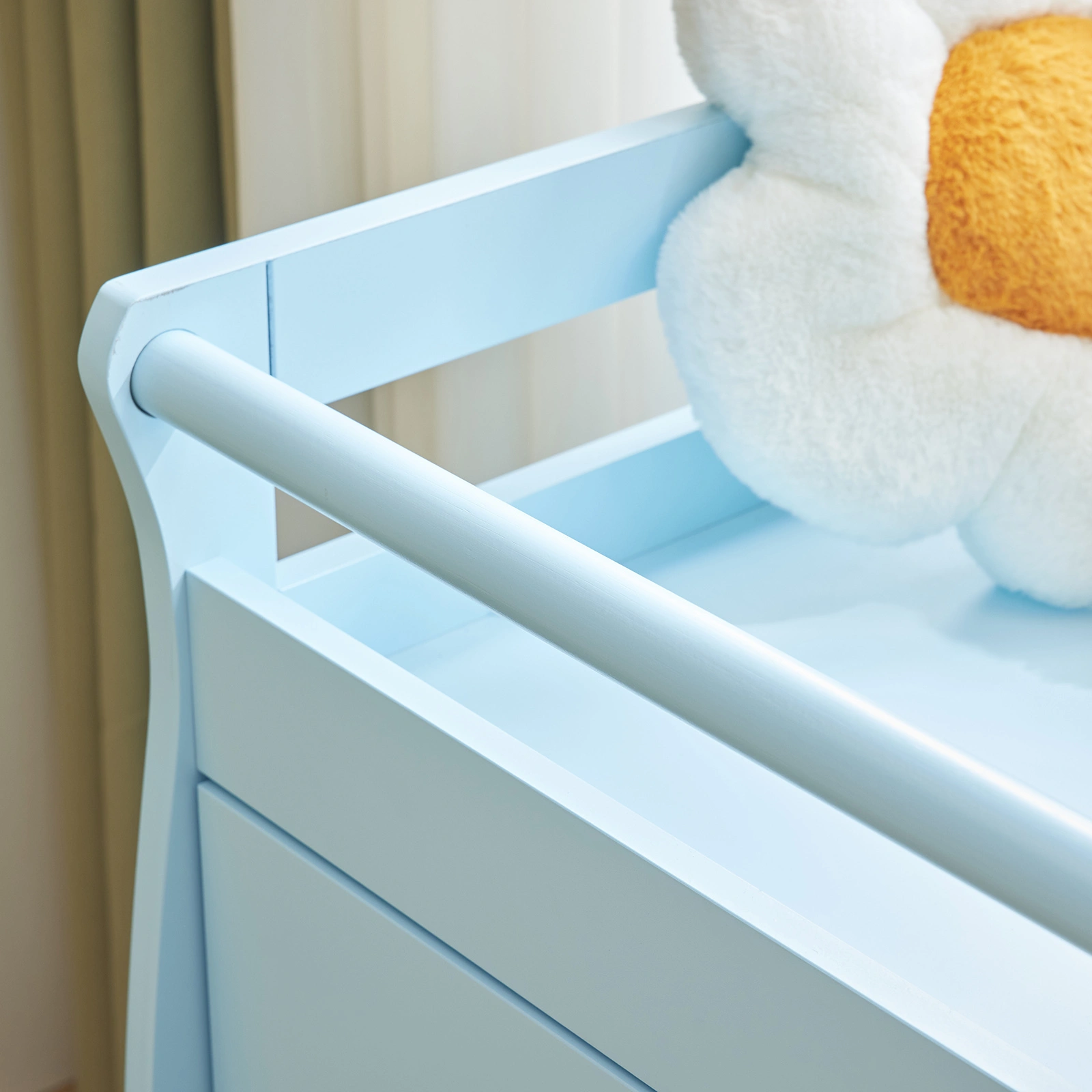 Blue painted finish, MDF, three drawers, 90.5*58*92cm, children's wooden bed with safety belt and changing table for babies view 25