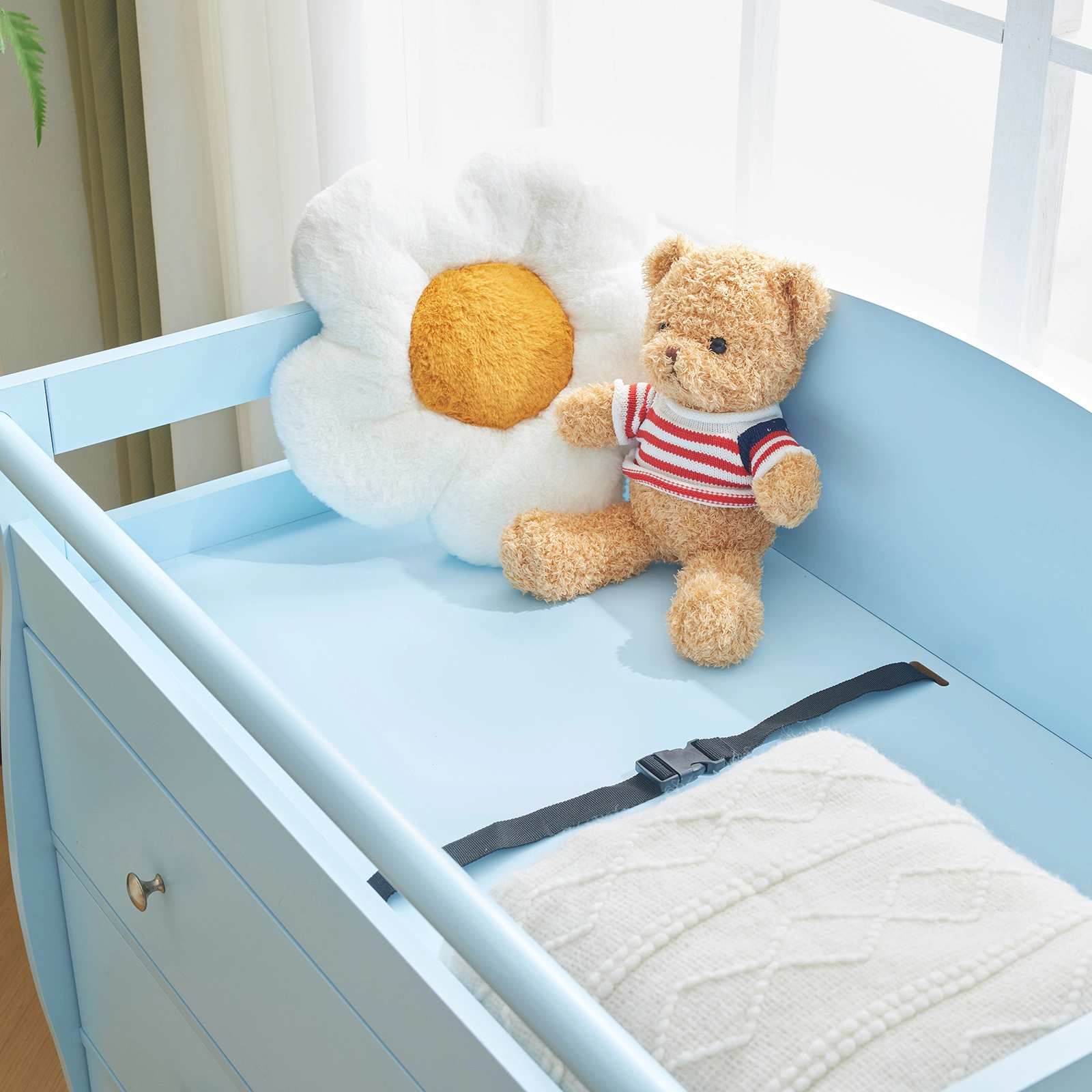 Blue painted finish, MDF, three drawers, 90.5*58*92cm, children's wooden bed with safety belt and changing table for babies view 26