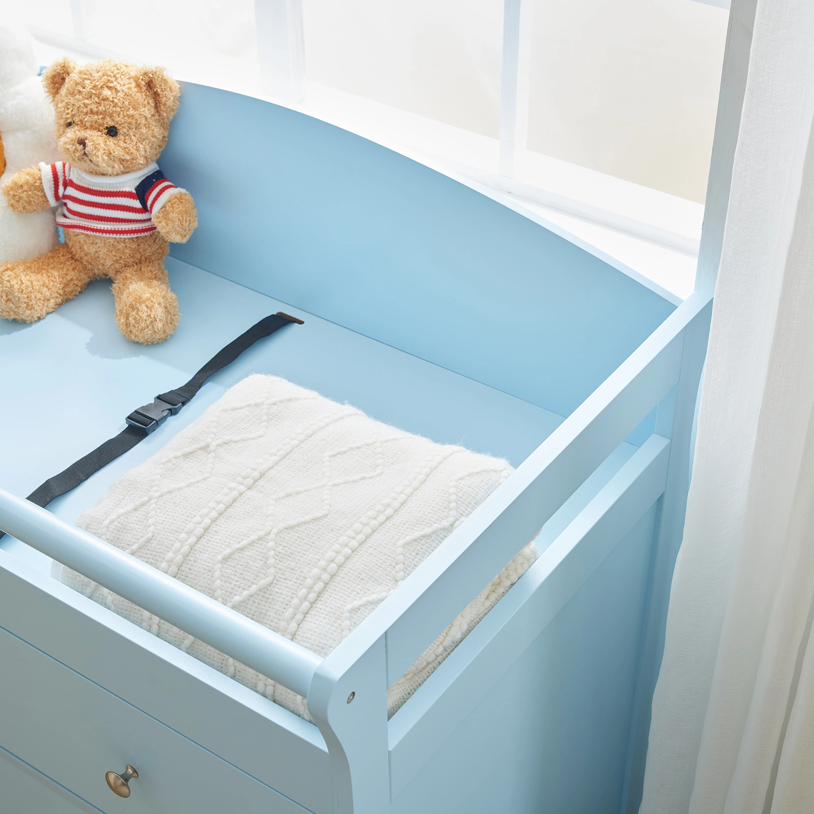 Blue painted finish, MDF, three drawers, 90.5*58*92cm, children's wooden bed with safety belt and changing table for babies view 27