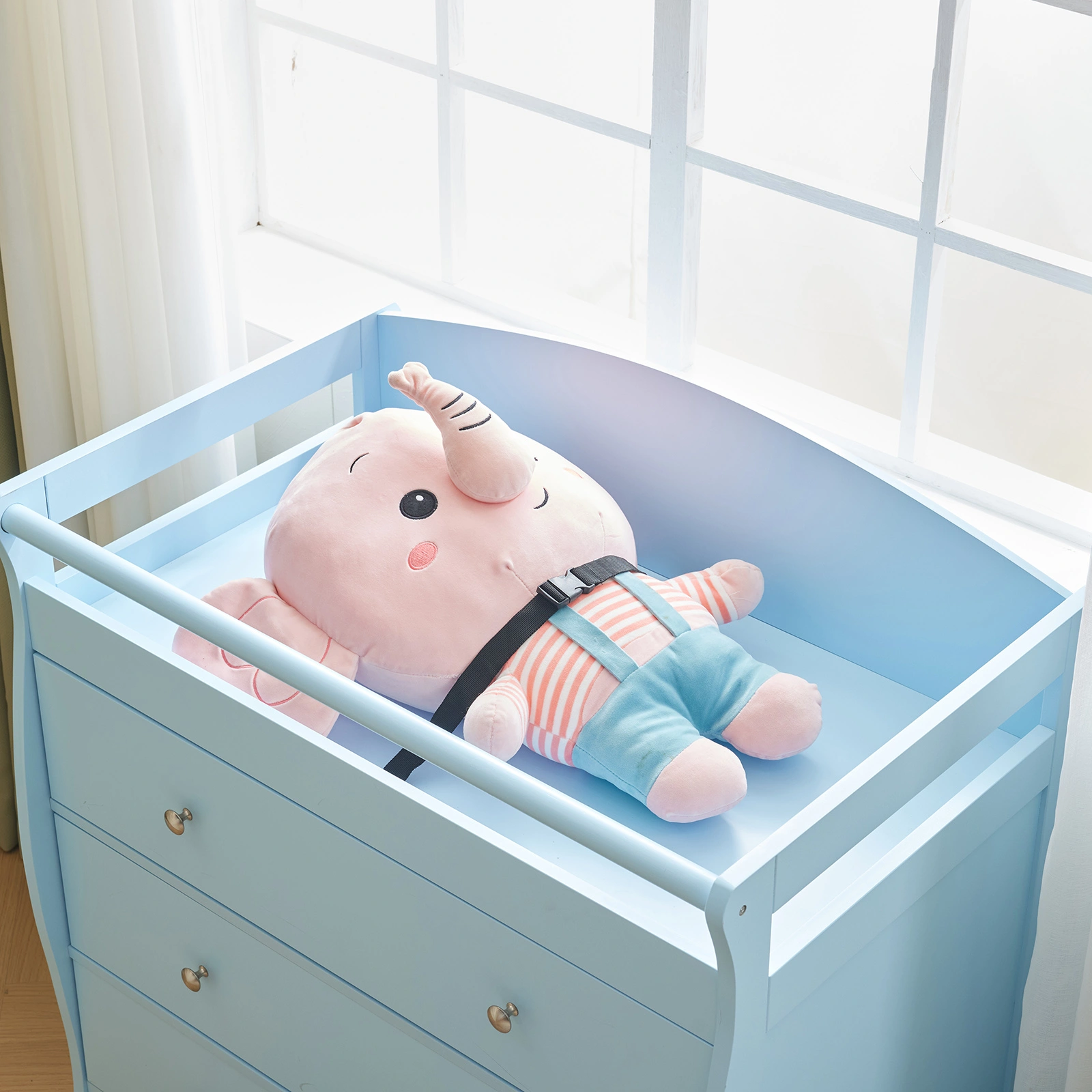 Blue painted finish, MDF, three drawers, 90.5*58*92cm, children's wooden bed with safety belt and changing table for babies view 28