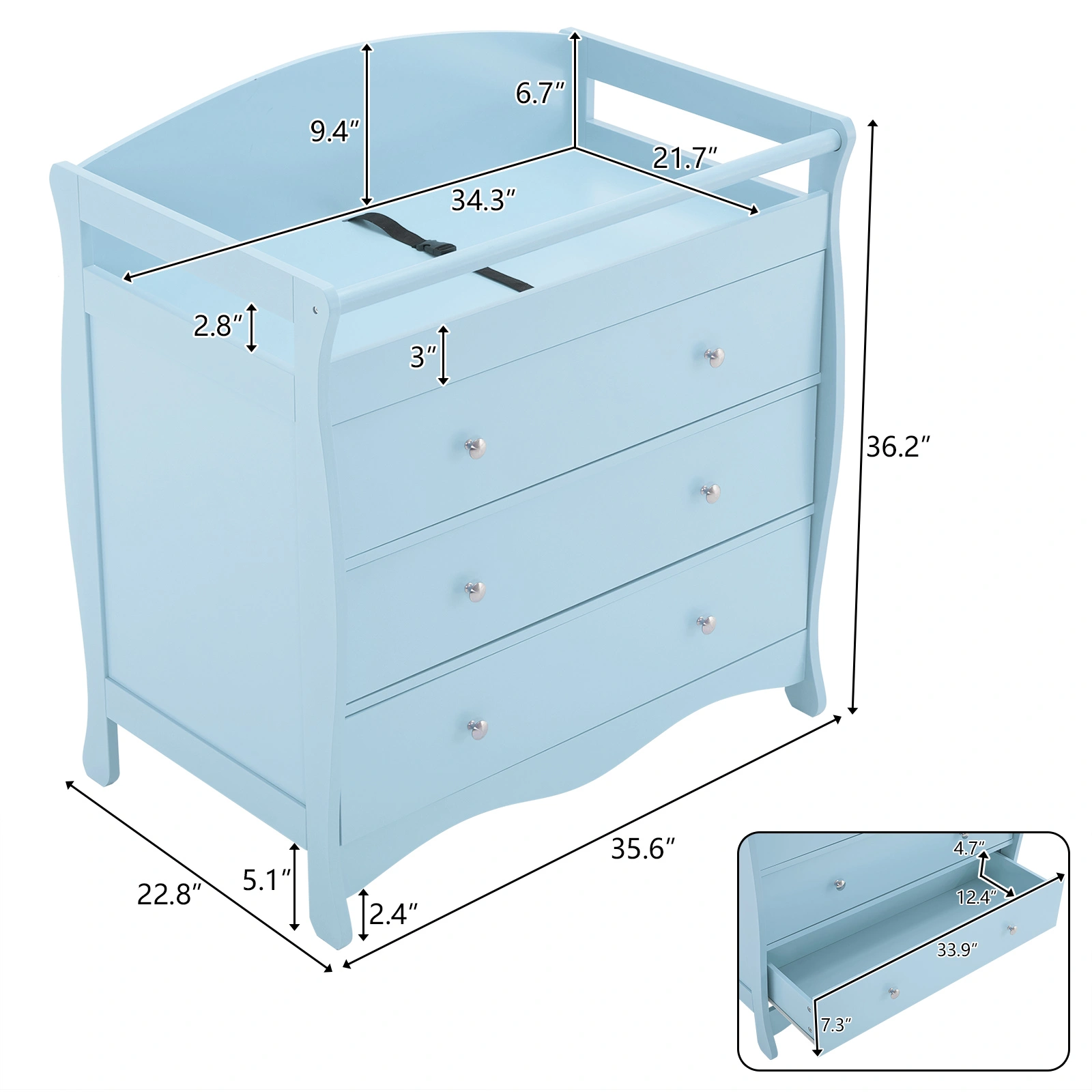 Blue painted finish, MDF, three drawers, 90.5*58*92cm, children's wooden bed with safety belt and changing table for babies view 3