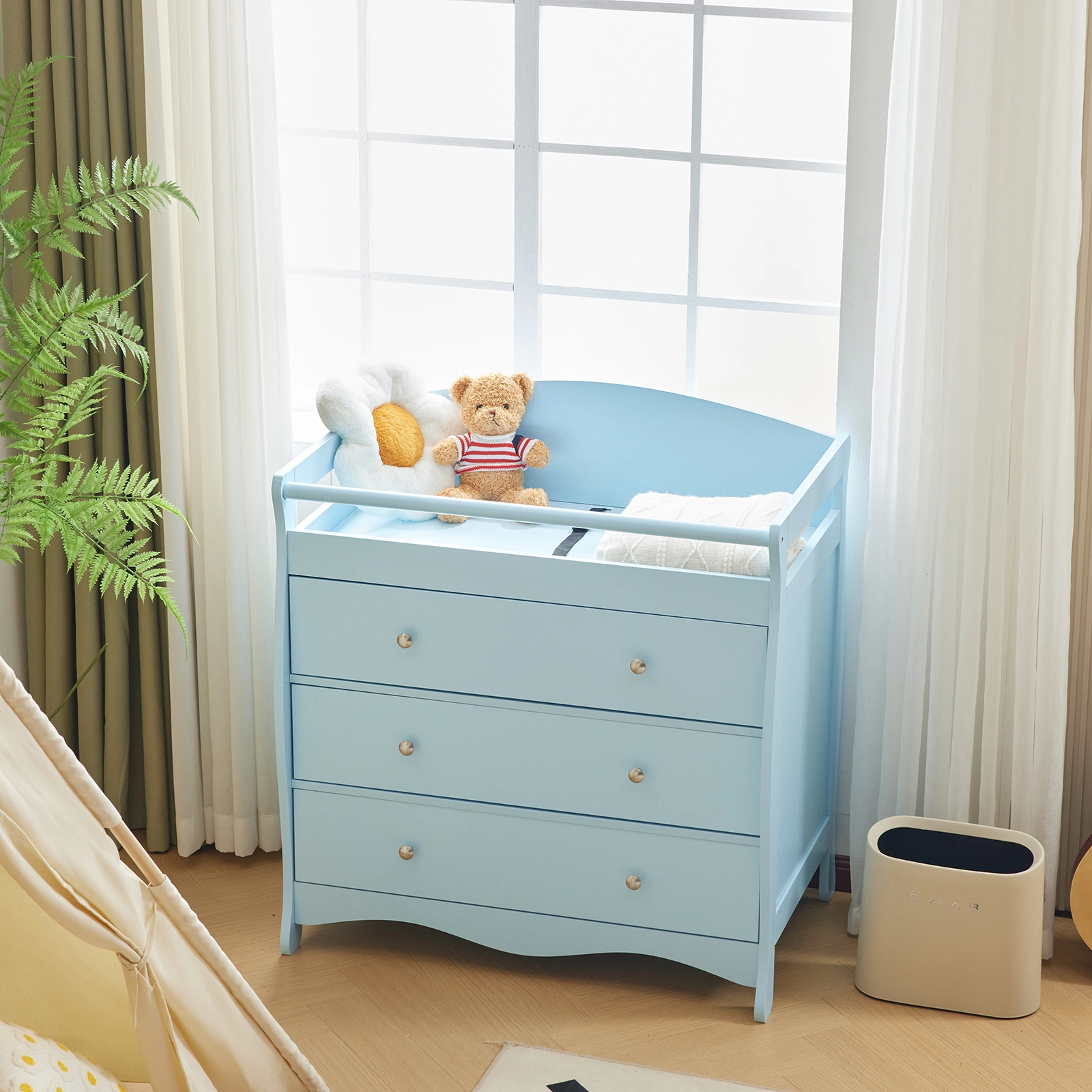Blue painted finish, MDF, three drawers, 90.5*58*92cm, children's wooden bed with safety belt and changing table for babies view 6