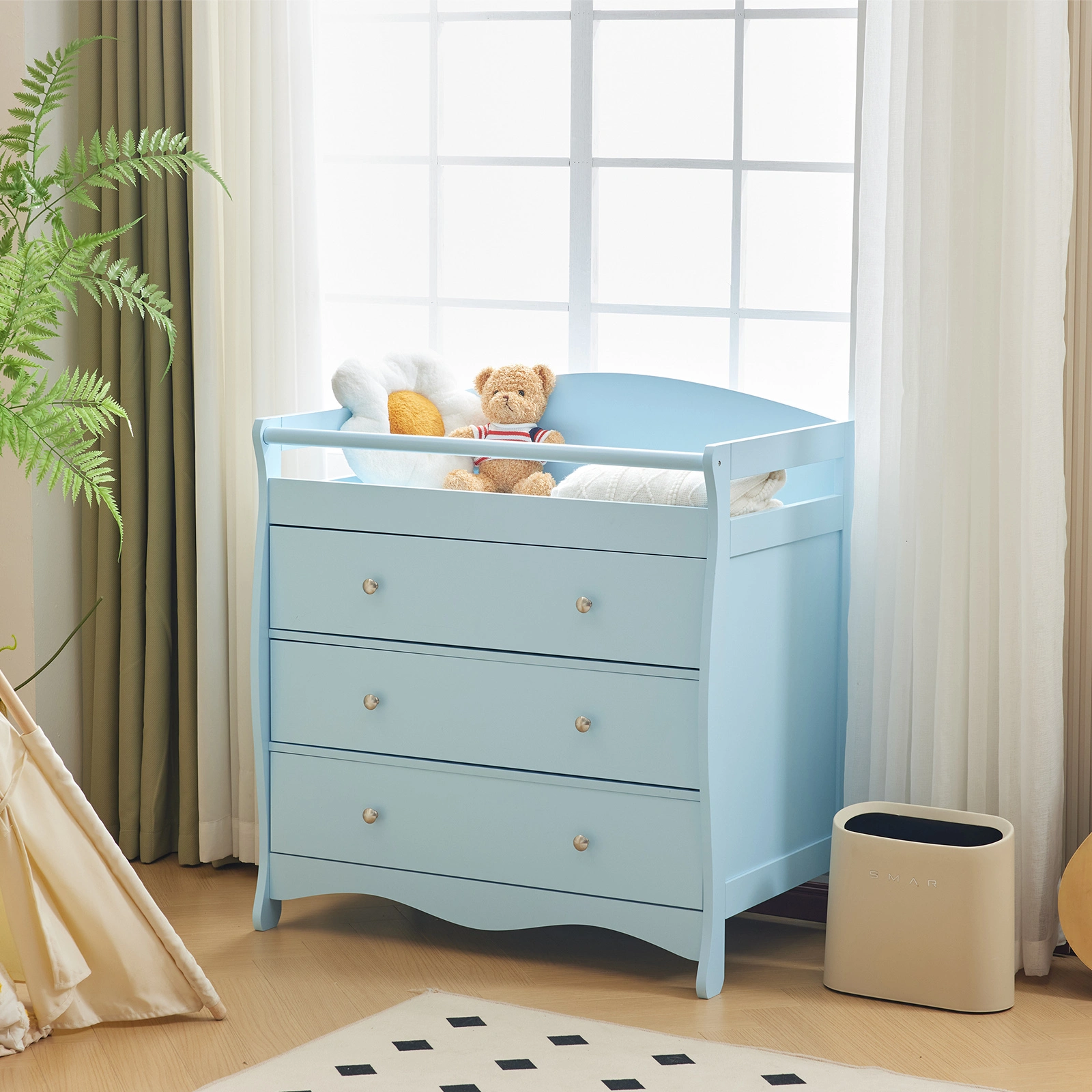 Blue painted finish, MDF, three drawers, 90.5*58*92cm, children's wooden bed with safety belt and changing table for babies view 7
