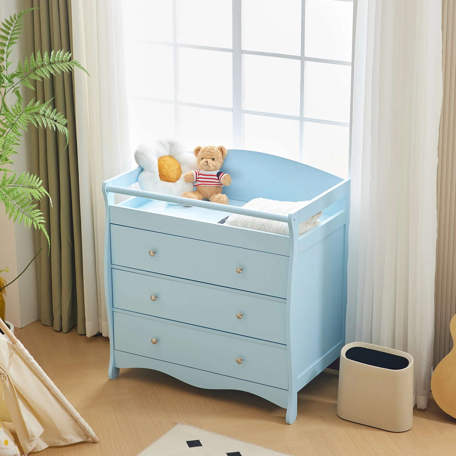 Blue painted finish, MDF, three drawers, 90.5*58*92cm, children's wooden bed with safety belt and changing table for babies view 8